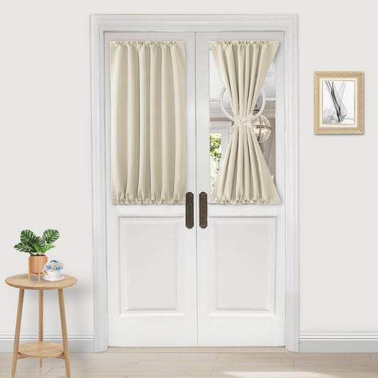 DWCN French Door Curtains – Rod Pocket Thermal Blackout Curtain for Window/Patio Doors/Doorways/Classroom/Kitchen for Privacy, 25W by 40L Inches, 1 Panel with Tieback, Light Beige