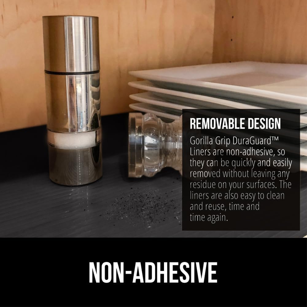 GORILLA GRIP DuraGuard Shelf Liner, Non-Adhesive Cabinet Liners for Kitchen Drawers, Shelves, Refrigerator, Pantry Storage, Bathroom Closet, Durable Waterproof BPA Free Ribbed Plastic, 17.5x10 Black