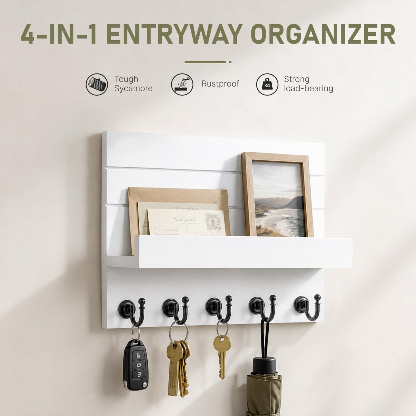 HONJIN Key Holder Wall Mount with Shelf and 5 Sturdy Key Hooks (White)