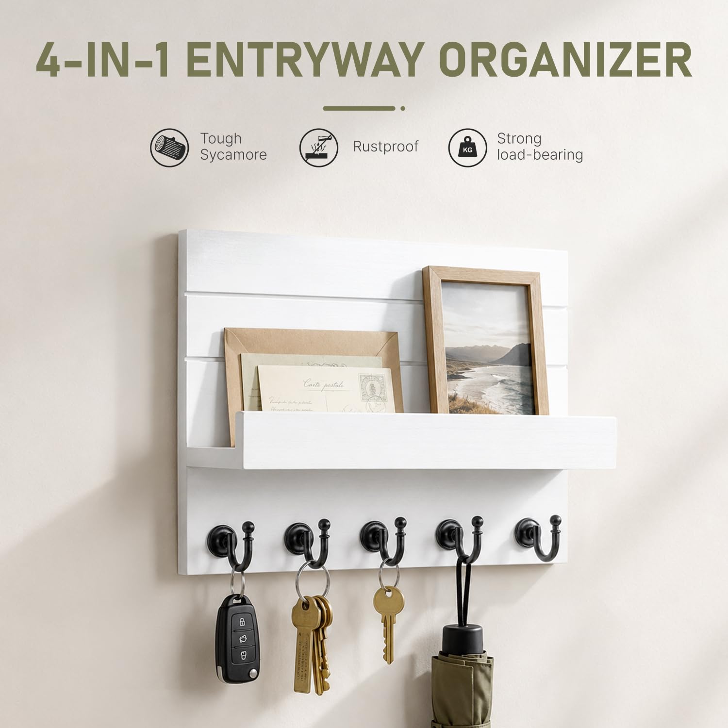 HONJIN Key Holder Wall Mount with Shelf and 5 Sturdy Key Hooks (White)
