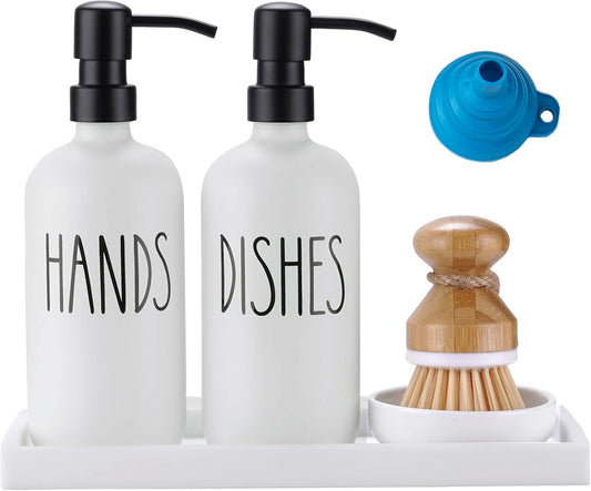 Glass Soap Dispenser for Kitchen, Farmhouse Dish Hand Soap Dispenser Set, Rustproof Pump Dispenser Set with Tray and Dish Brush, Kitchen Decor（White）