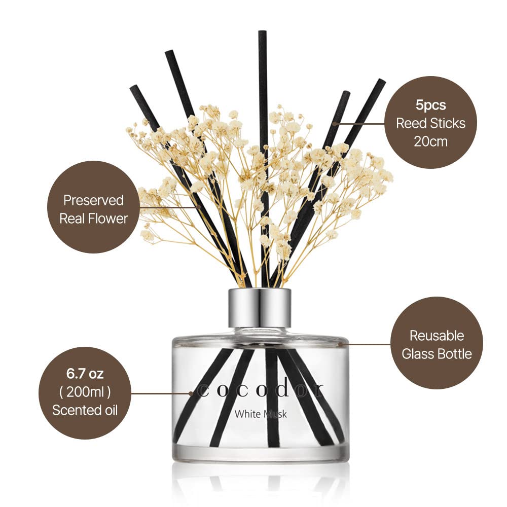 COCODOR Flower Reed Diffuser Set / 6.7oz / White Jasmine/Scent Diffuser with Sticks Home Fragrance