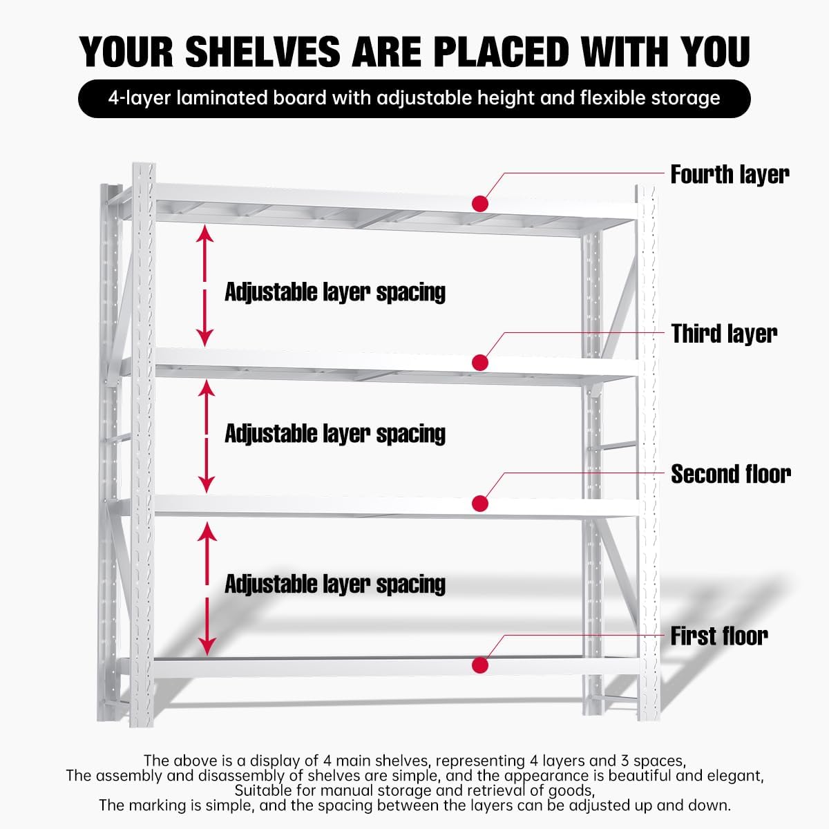 Heavy Duty Warehouse Shelving 4-Tier Industrial Steel Storage Shelves, 2600LB Capacity Per Shelf, Adjustable Shelves for Garage/Factory/Commercial Use (White, W47.24*D19.69*H78.74)
