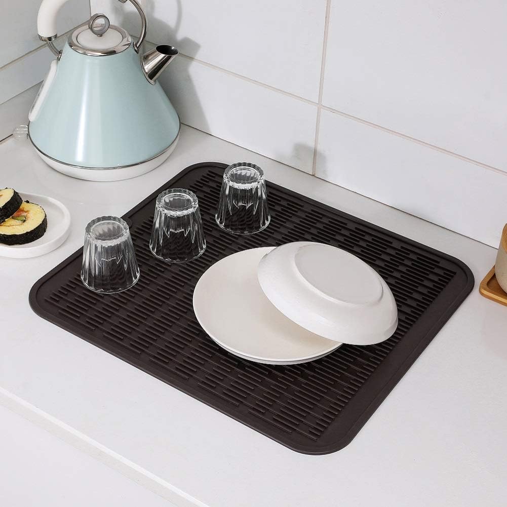 Silicone Dish Drying Mat for Multiple Usage,Easy clean,Eco-friendly,Heat-resistant Silicone Mat for Kitchen Counter or Sink,Refrigerator or Drawer Liner Coffee XL 18 inches x 16 inches