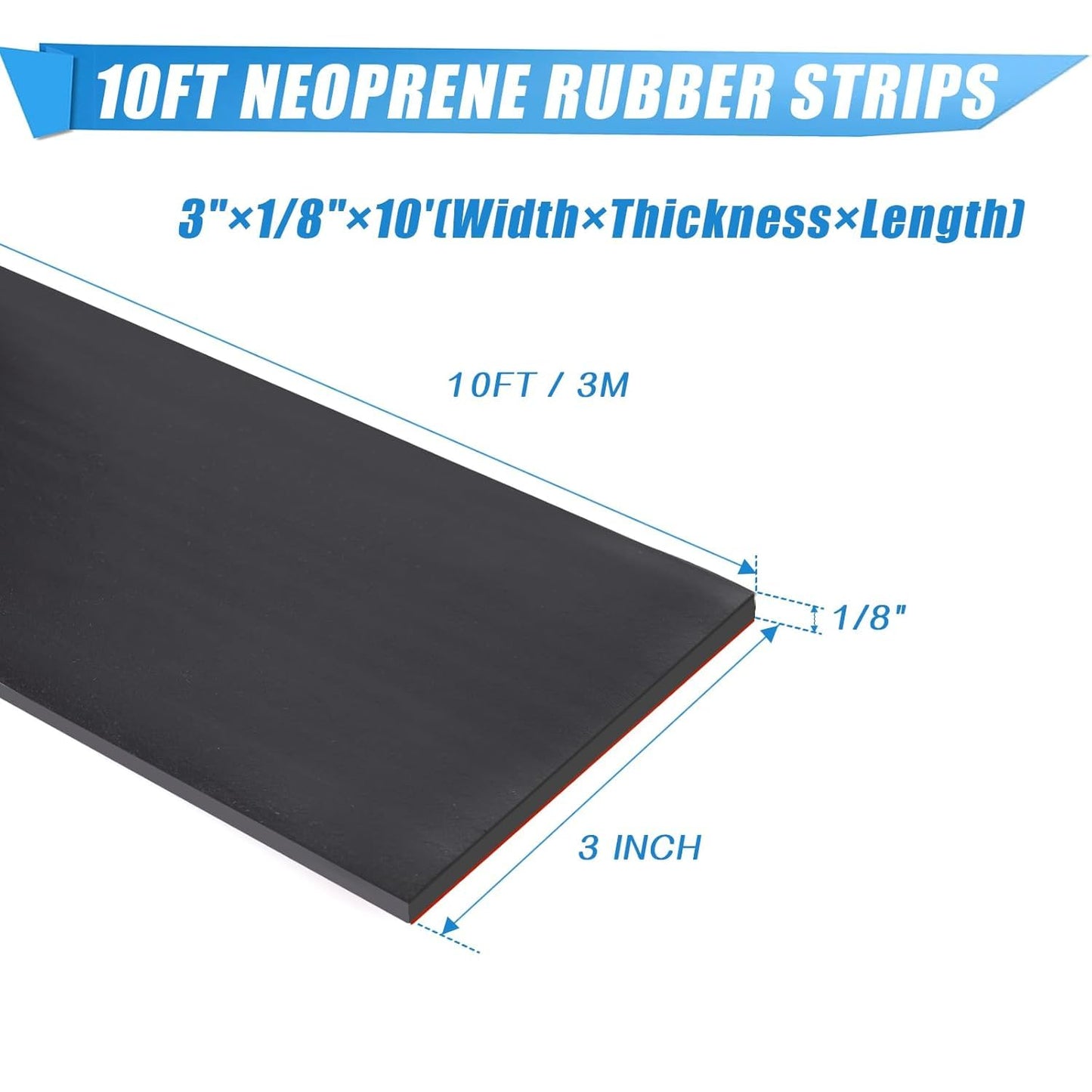 Neoprene Rubber Strips Self Adhesive Sheets, Rolls & Strips with Adhesive Backing Rubber Pads Self Stick Seal Gasket Tape for Matting Padding - 3” Wide x 1/8" Thick x 10' Long