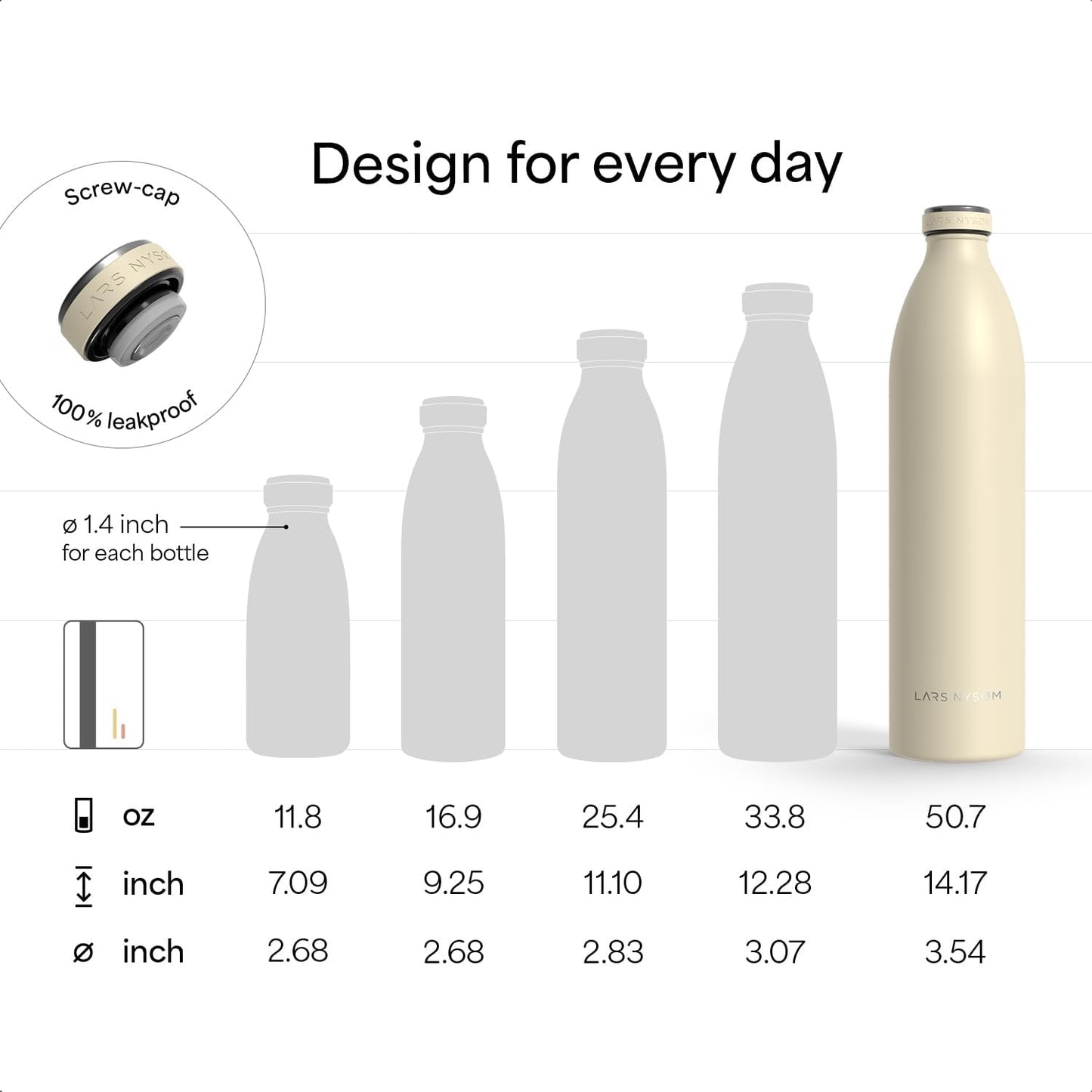 LARS NYSØM Stainless Steel Insulated XL Water Bottle 12oz 17oz 25oz 34oz 51oz | Insulated Thermo Flask for Hot and Cold Beverages | Leakproof Drinking Bottle (Carbon Black, XL 50.7oz)
