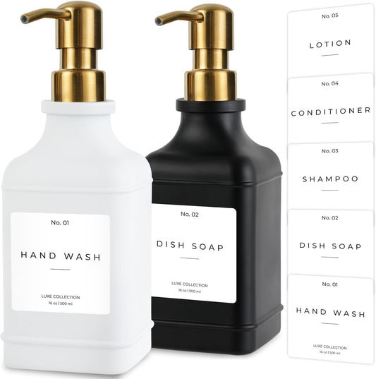 Emerson Essentials Soap Dispenser, Dish Soap Dispenser, Soap Bottle Bathroom Set, Hand Soap Farmhouse Home, Kitchen Soap Dispenser Set - Glass Soap Dispenser with Pump and Labels, 16 Oz, 2 Pack