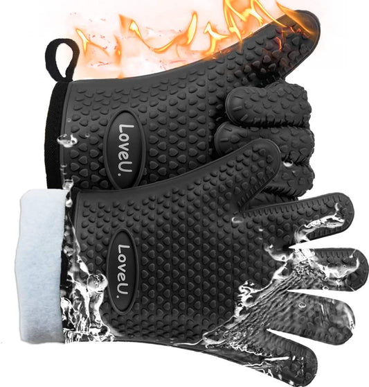 Kitchen Oven Gloves - Dual-Layer Heat Resistant Grilling Gloves, Silicone Oven Mitts with 5 Fingers, Waterproof Non-Slip Pot Holder for Barbecue, Cooking, Baking (Small, Black)