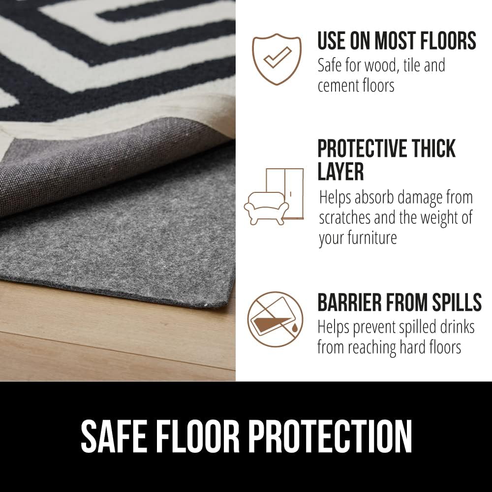 GORILLA GRIP Felt and Natural Rubber Stay in Place Slip Resistant Rug Pad, 1/8in Thick, 9x12 FT Protective Padding Under Area Rugs, Cushioned Gripper Pads, Carpet Runners, Hardwood Floors Protection
