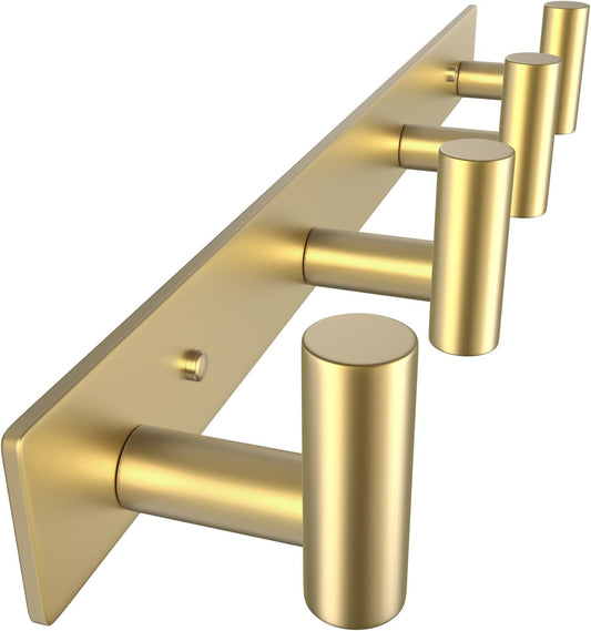VAEHOLD Hat and Coat Wall Mount Rack - Hooks for Robes, Bags, Keys, and Towels - Bathroom Towel Hanger Organizer (Gold, “T“ Shape 4 Hooks 1 Pack)