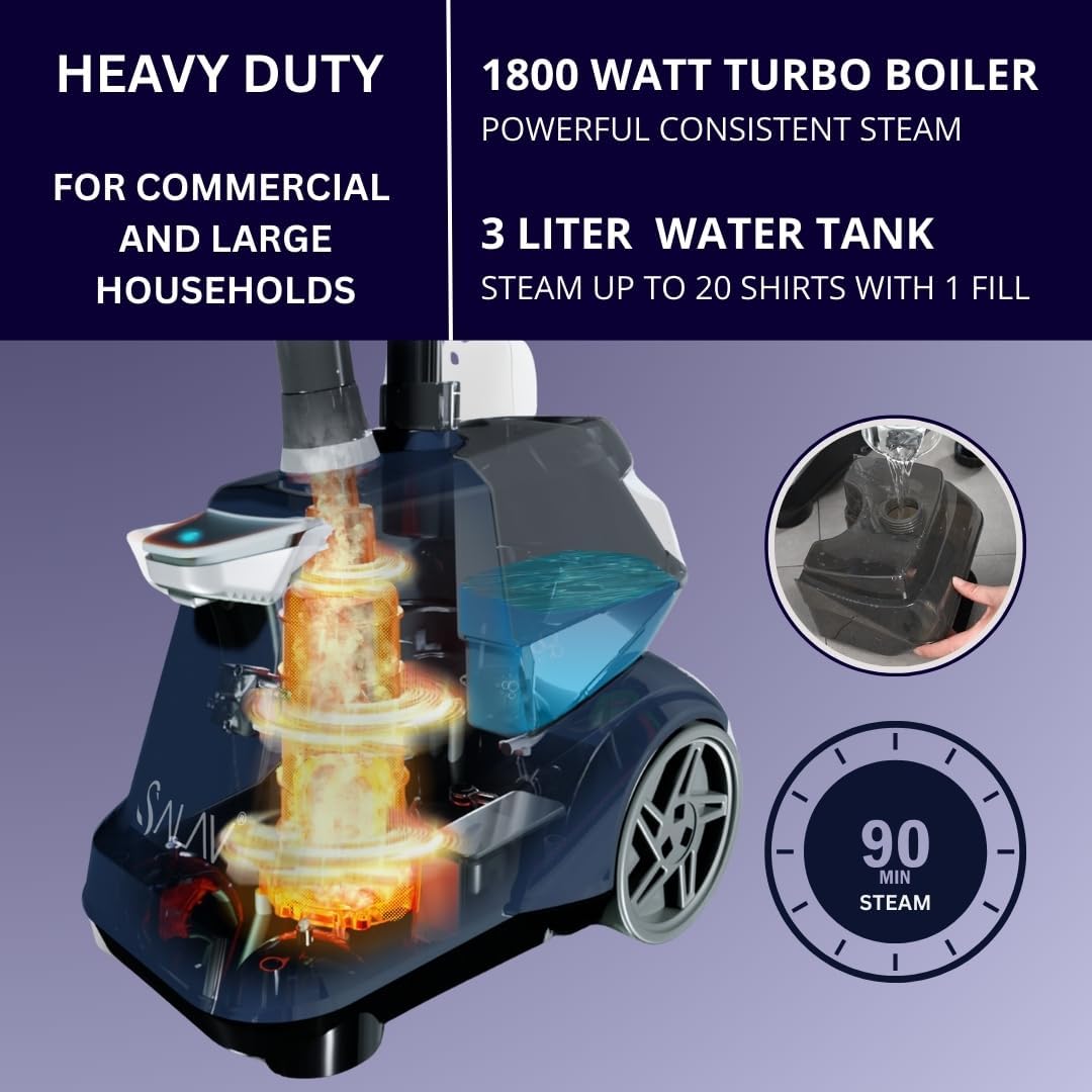 SALAV® Heavy Duty Smart Auto Shut-off Commercial Full-Size Garment Steamer, Beeping Alert when Water Runs out, Foot Pedal Control, XL 3L (101.5 oz) Tank, 1800 watts, 90+min of Continuous Steam, Navy