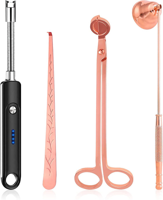 Lsnisni 4 in 1 Candle Accessory Set - Wick Cutter, Snuffer, Dipper & Electric Lighter - Gifts for