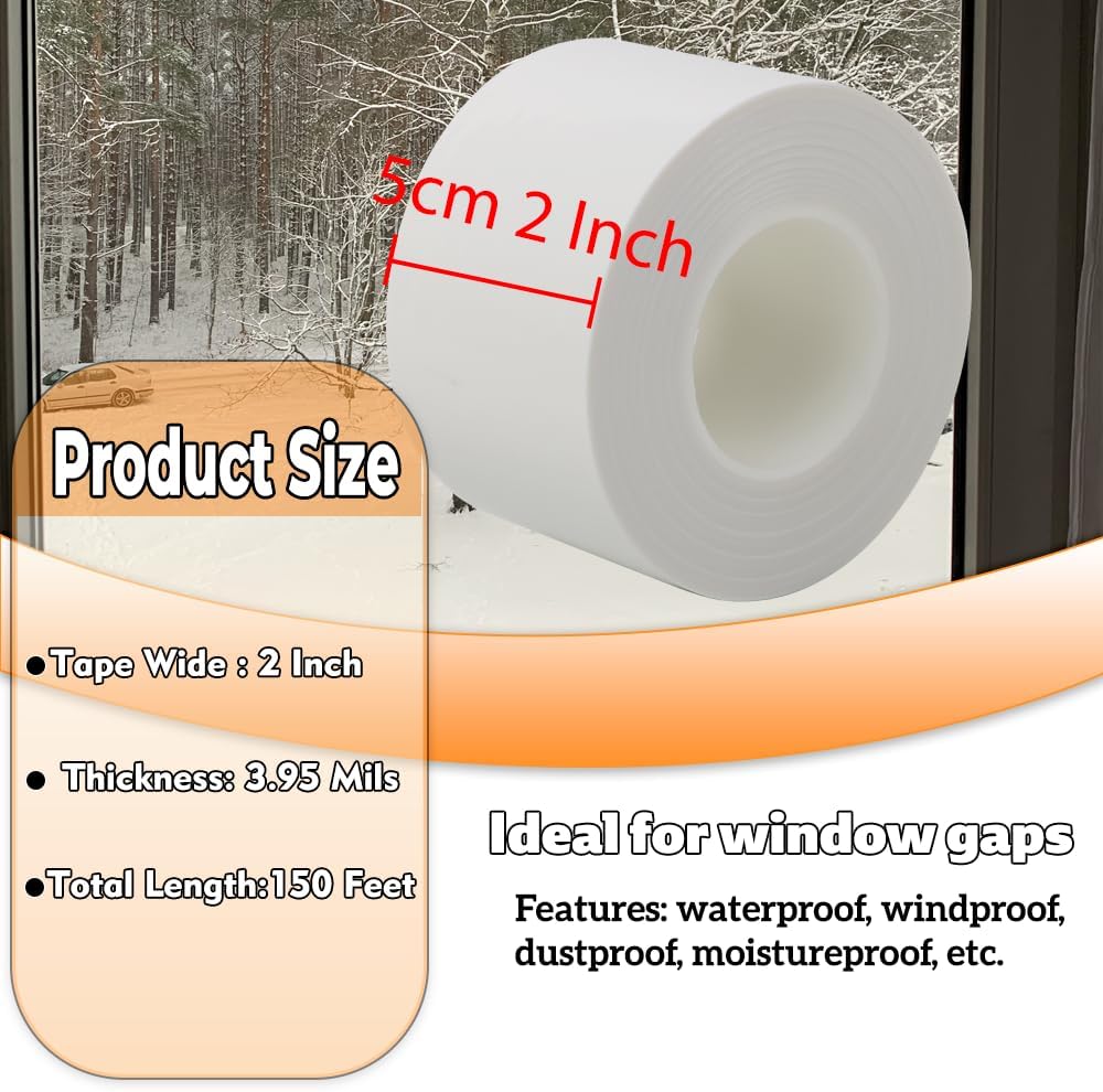 Window Insulation for Winter Weather Sealing Tape 2 Inch x 50 Yards Weather Stripping Residue Free Draft Isolation Sealing Film Tape for Doors Windows and Shower Glass Gaps White Color
