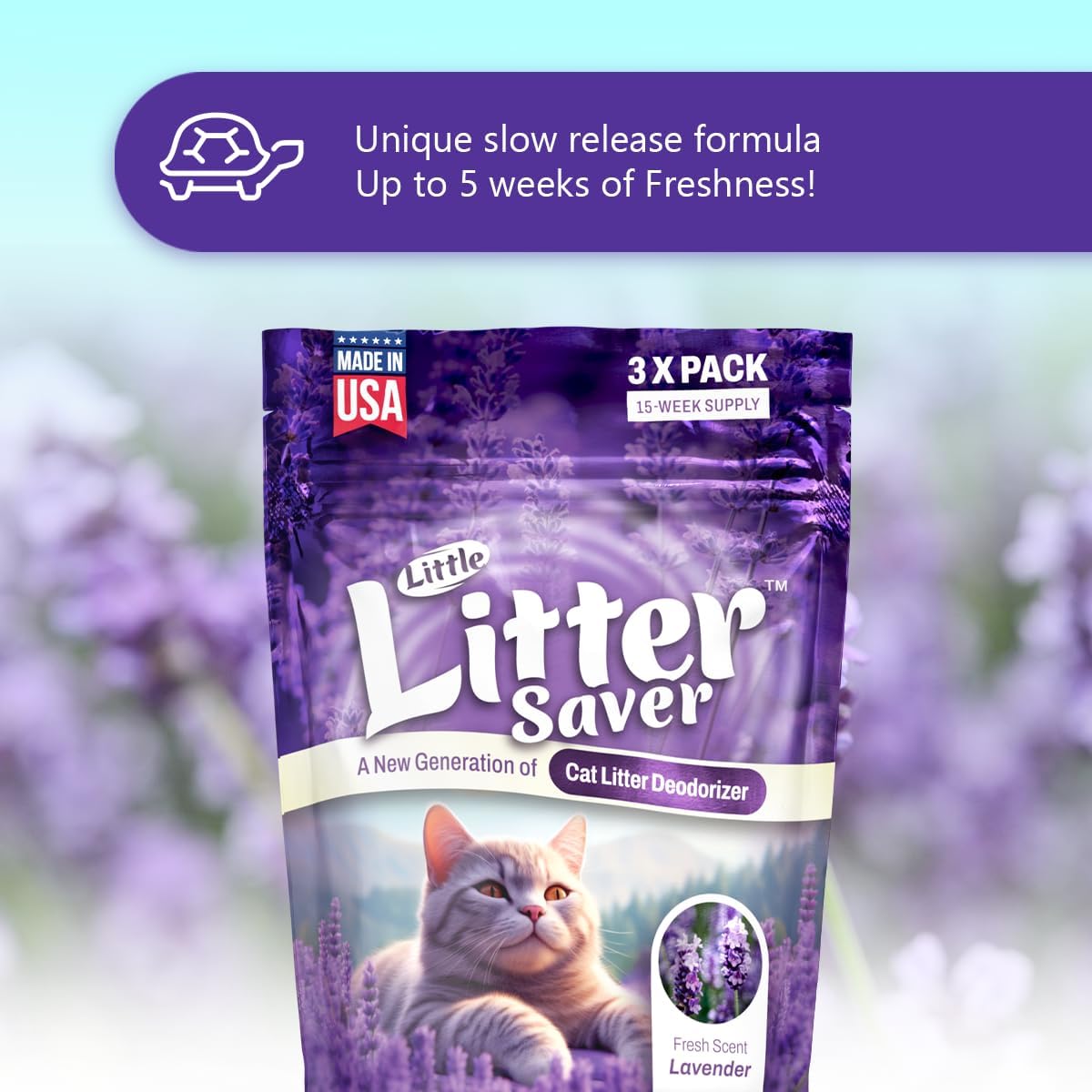 Little Litter Saver | a New Generation Of Cat Litter Box Deodorizer | Unique Slow Release Formula | Natural Fresh Scent | Up to 15 Weeks Supply | 3 x 0.5oz bags (Lavender)