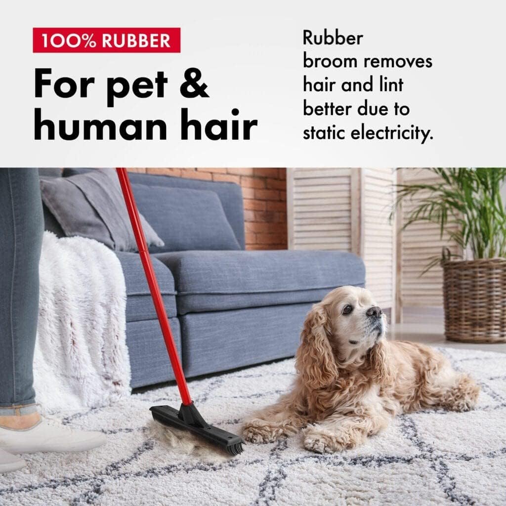Pet Hair Remover Rubber Broom with Built in Squeegee - Carpet Rake for Pet Hair Removal on Hardwood Floor, Carpet & Tile - Picks Up More Dust & Debris - Rinse to Clean