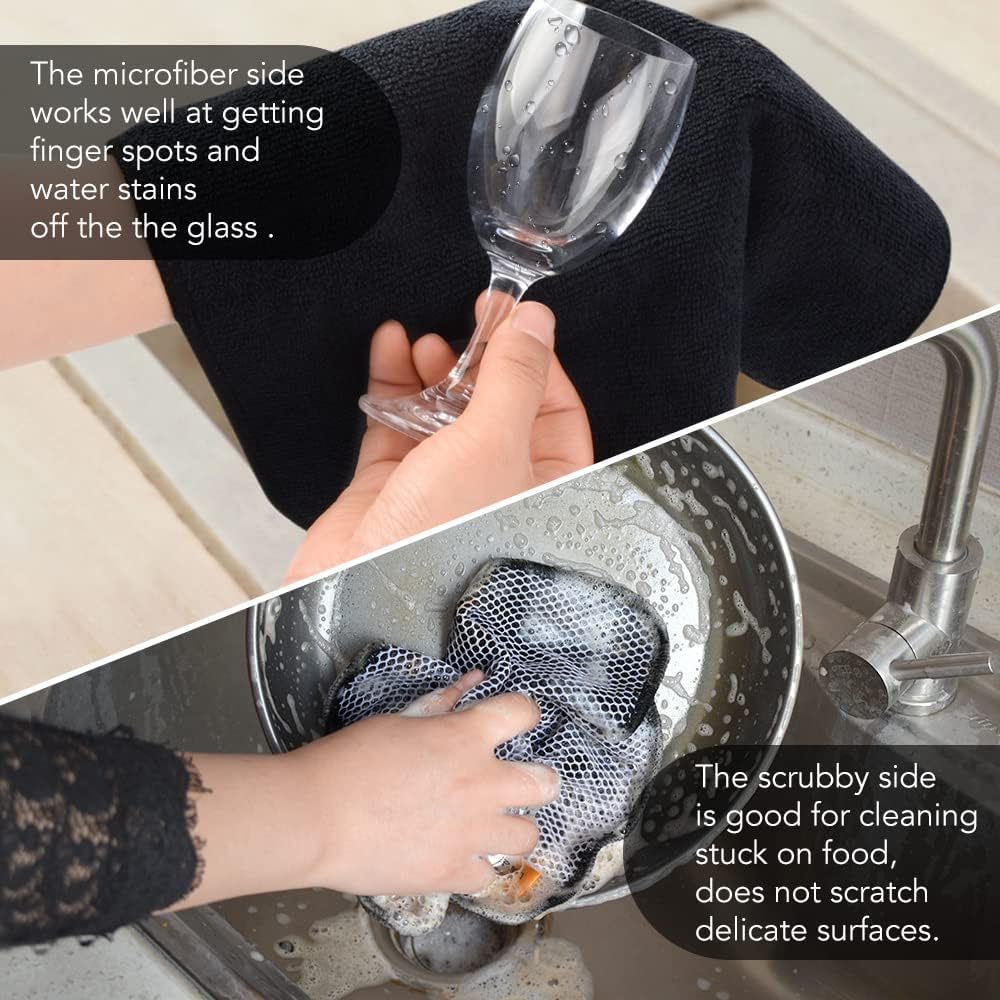 KinHwa Kitchen Washcloths for Dishes Absorbent Microfiber Dish Cloths Quick Dry Dish Rags with Poly Scour Scrub Side Ideal for Kitchen Cleaning (Black, 12inchx12inch 18 Pack)