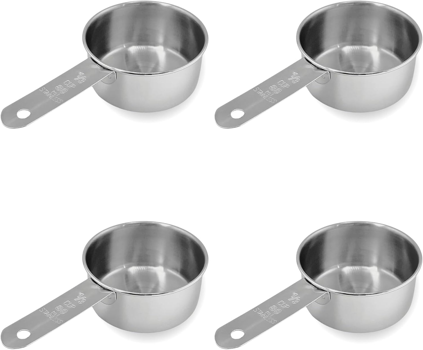 1/3 Cup Stainless Steel Measuring Cup | Sturdy Metal 80 ml | 80 cc | 3 oz | Single Cup for Wet and Dry Ingredients | Great for use as 1/3 Cup Dog Food Scoop - 4 PK