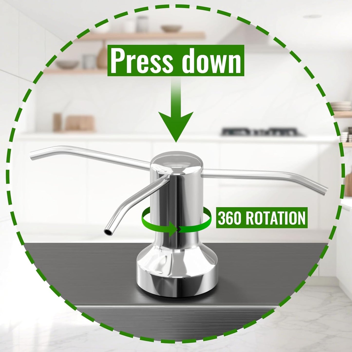 Soap Dispenser for Kitchen Sink, Kitchen Sink Soap Dispenser with 17 OZ Bottle, Refill from The Top Bar, Longer Threaded Shaft Shank, Wide Pump Head Base (Chrome)