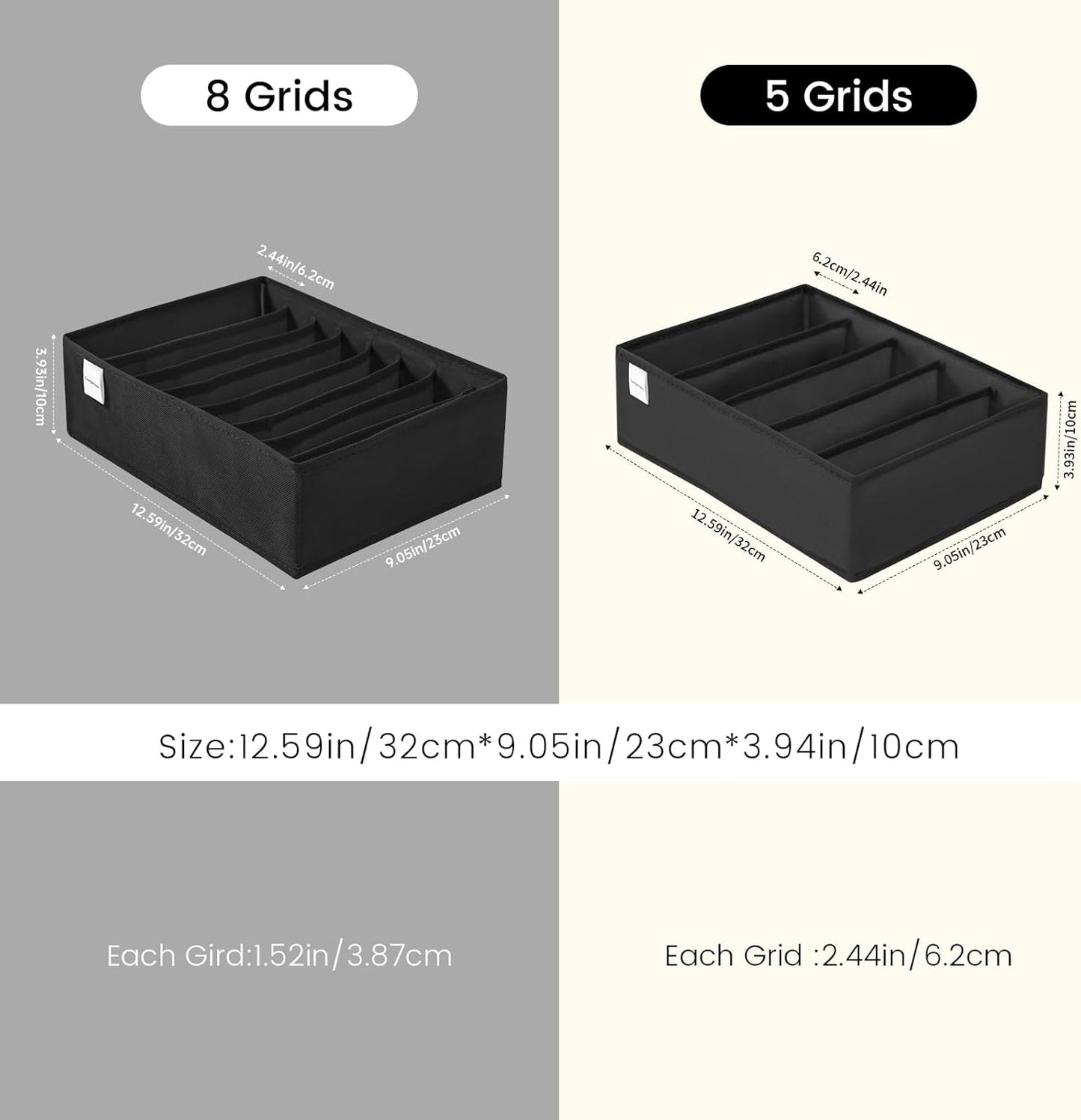 4 Packs T-shirt Drawer Organizers for Clothing,5 Grids Compartment Wardrobe Storage Box, Washable Clothes Organizer for Folded Clothes, T-shirt, Legging, Silk Scarve-Black