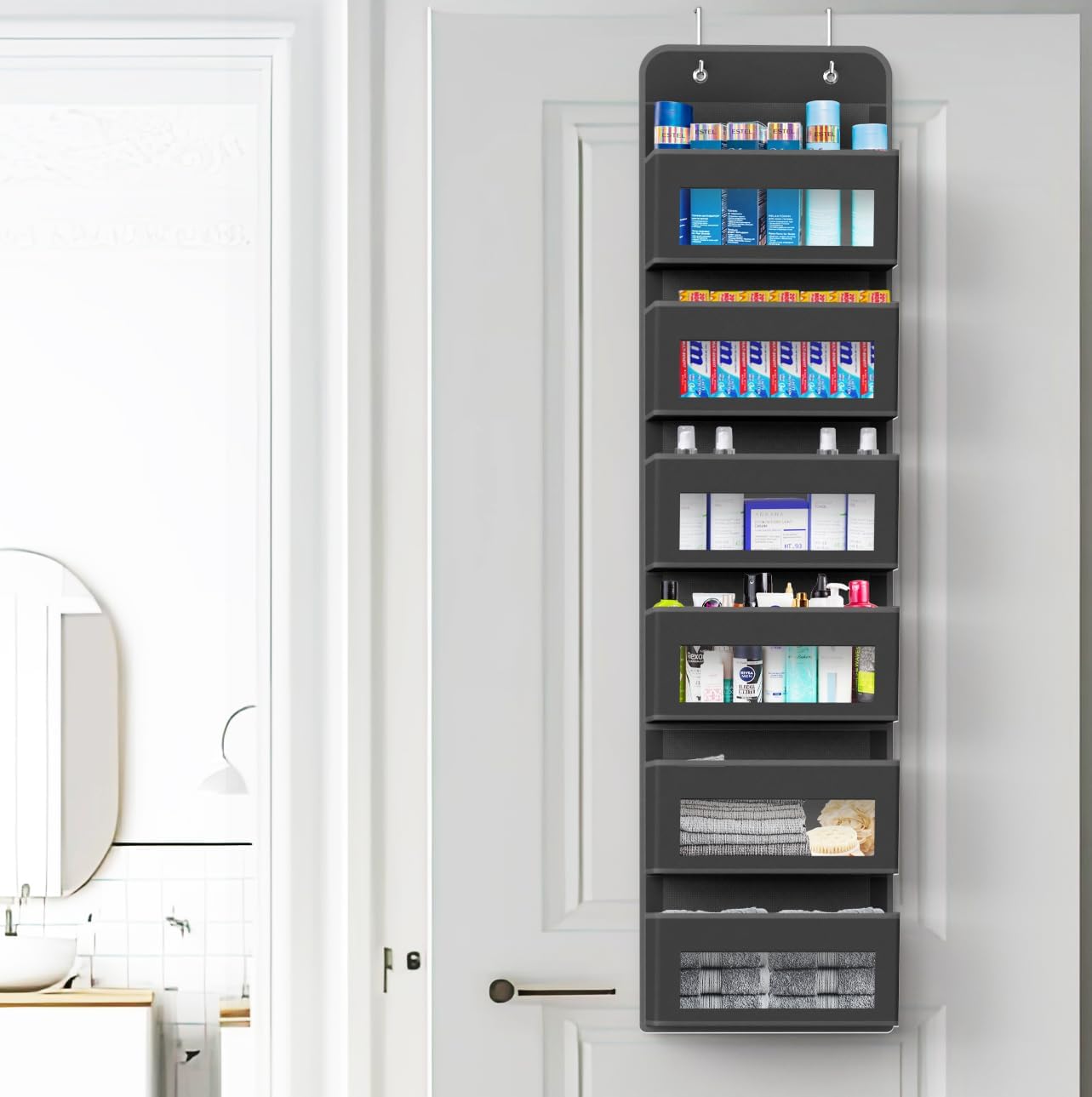 Simple Houseware 6 Clear Window Pocket Over Closet Door Storage Hanging Organizer for Bedroom, Bathroom, Pantry, Dark Gray