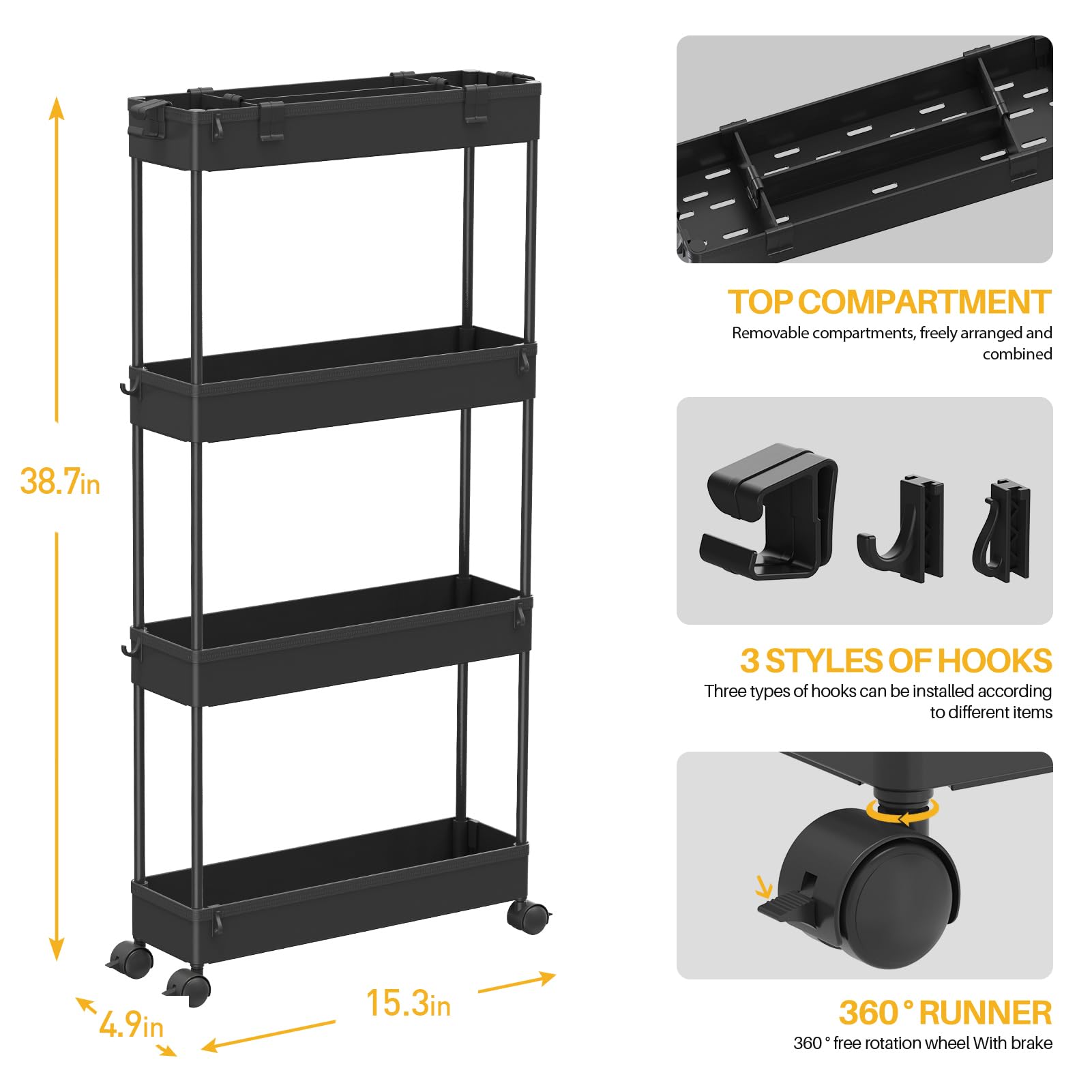 SPACELEAD Slim Storage Cart 4 Tier,Bathroom Organizer Rolling Utility,Mobile Shelving Unit Slide