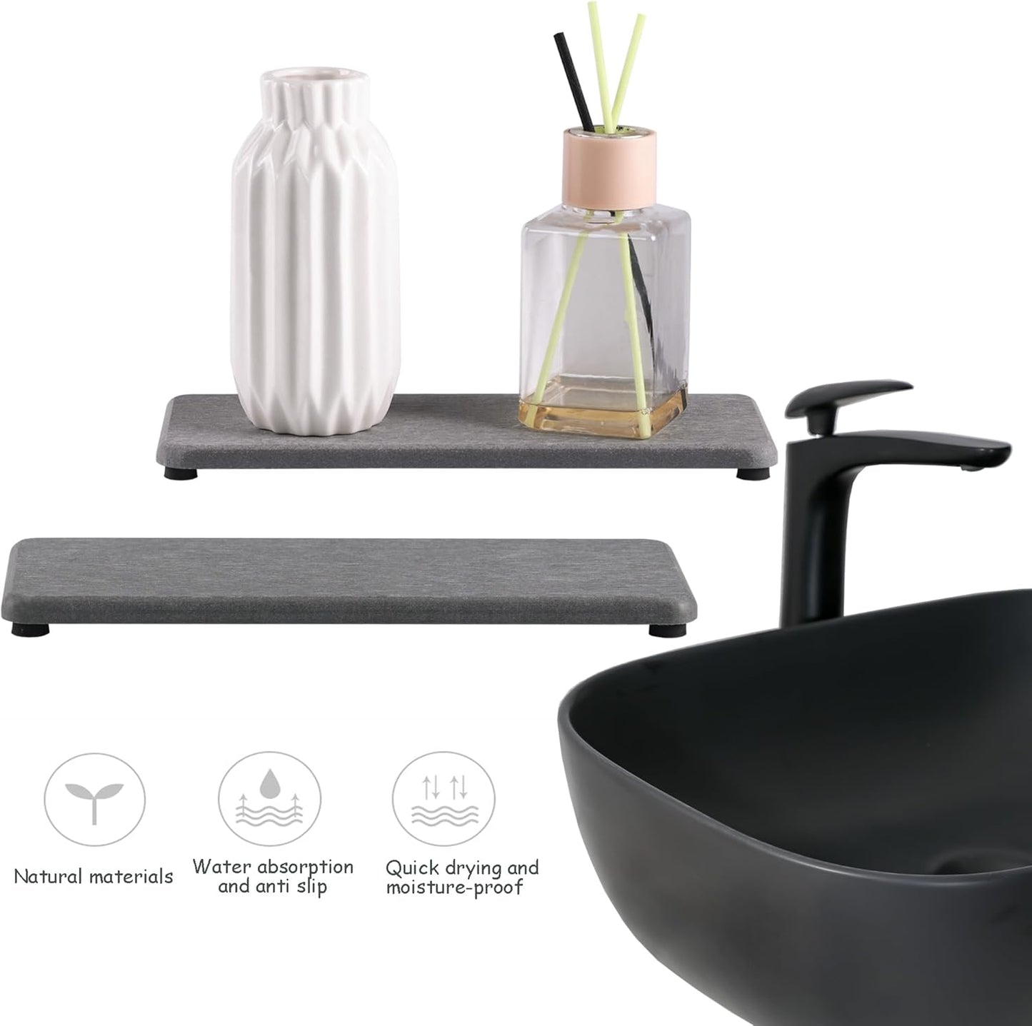 2 Pcs Water Absorbing Stone Trays, Kitchen/Bathroom Sink Soap Dish, Diatomite Tray Used for Hand Soap & Cosmetic Bottles in The Modern Home, 3.15" W x 8.7" L, Gray