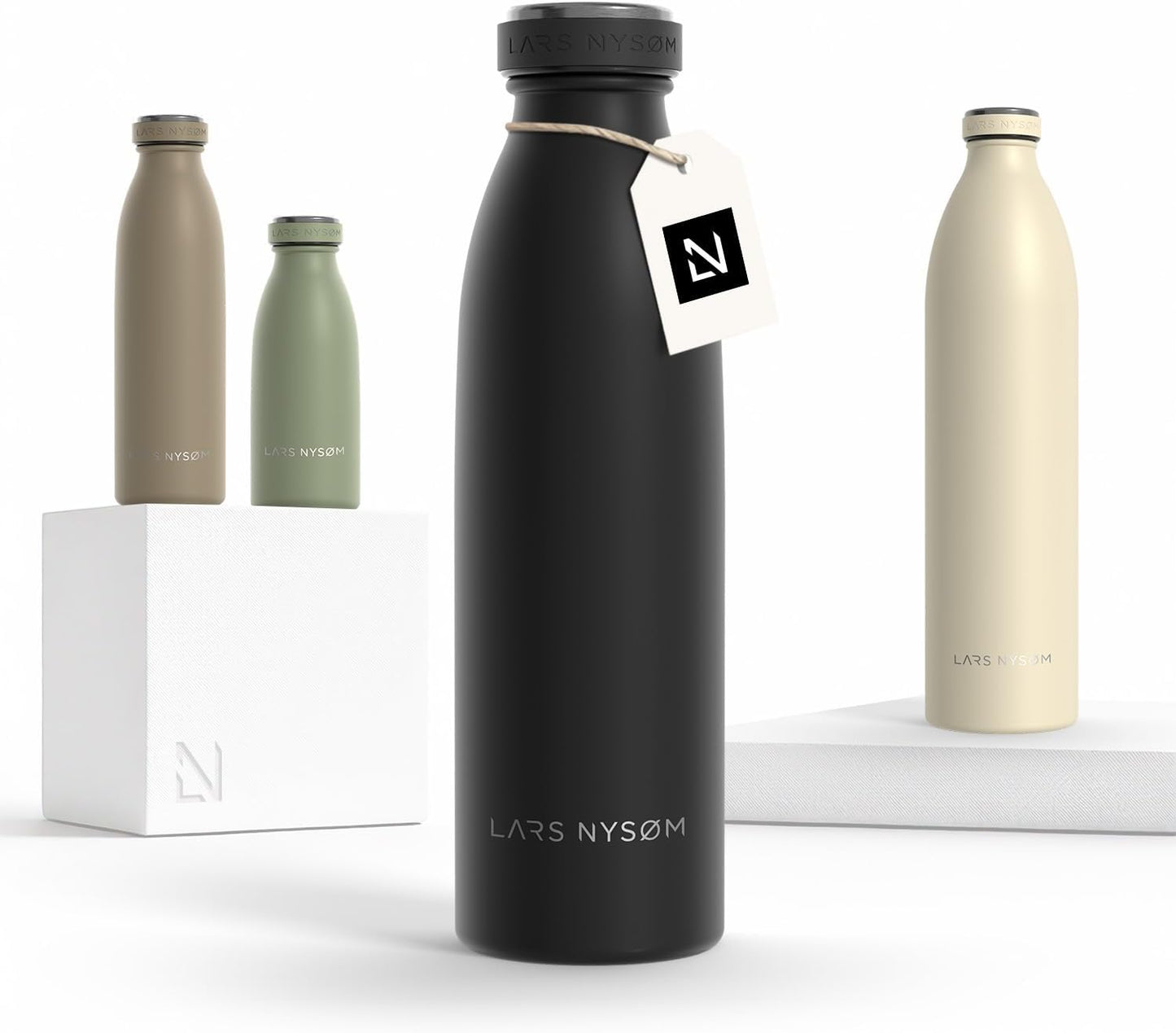 LARS NYSØM Stainless Steel Insulated Water Bottle 12oz 17oz 25oz 34oz 51oz | Insulated Thermo Flask for Hot and Cold Beverages | Leakproof Drinking Bottle (Carbon Black, 17oz)