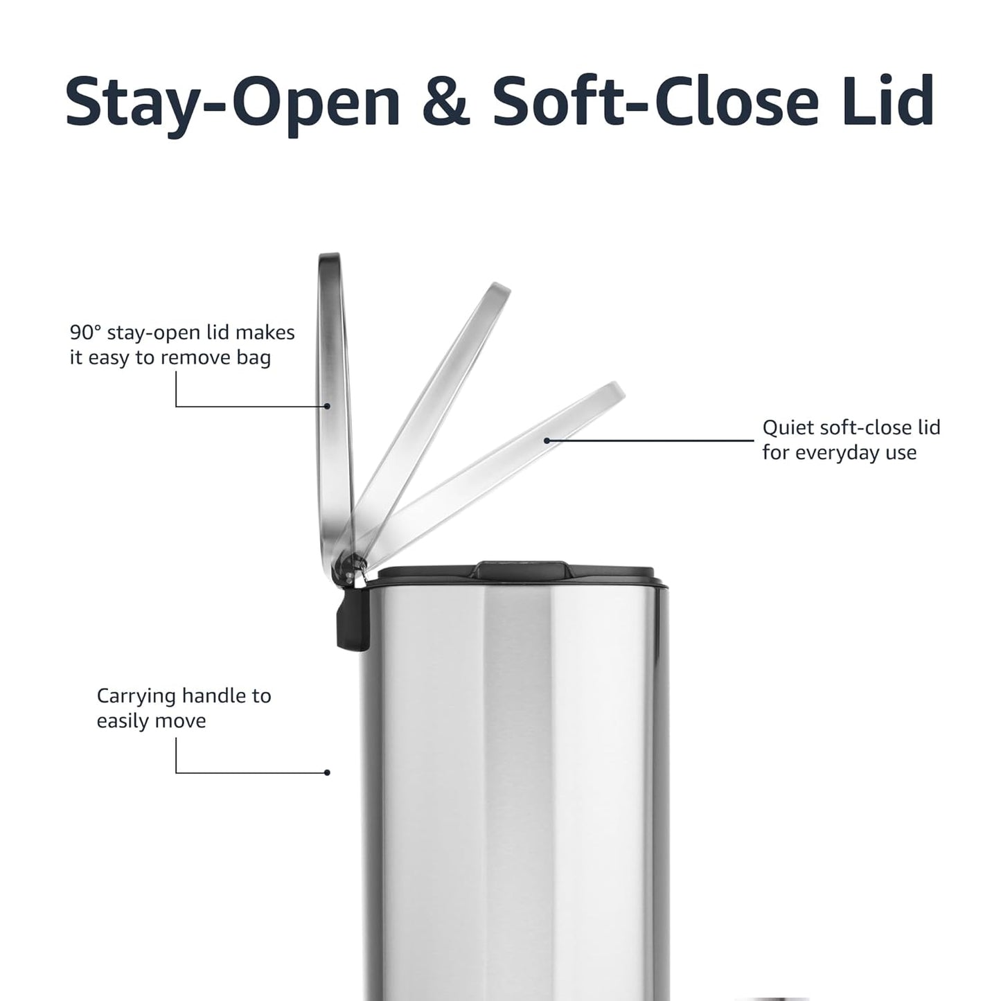 Amazon Basics Smudge Resistant Rectangular Trash Can With Soft-Close Foot Pedal, Brushed Stainless Steel, 50 Liter/13.2 Gallon, Satin Nickel Finish, 16.7"L x 14.7"W x 25.9"H