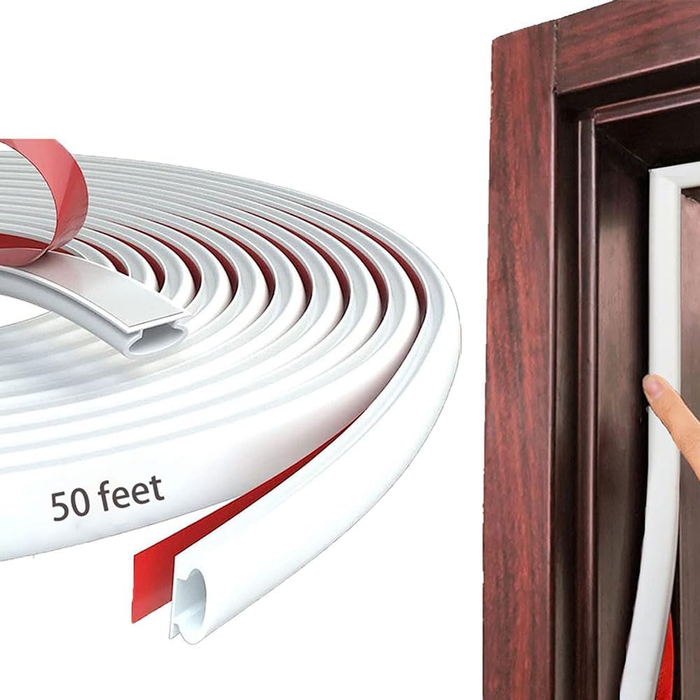 White Rubber Weather Stripping Door Seal Strip, D Shape Door Rubber Weather Seal Strip, SelfAdhesive Door Weatherstripping Soundproofing Door Sealing Strip for Windows (50 feet, White)