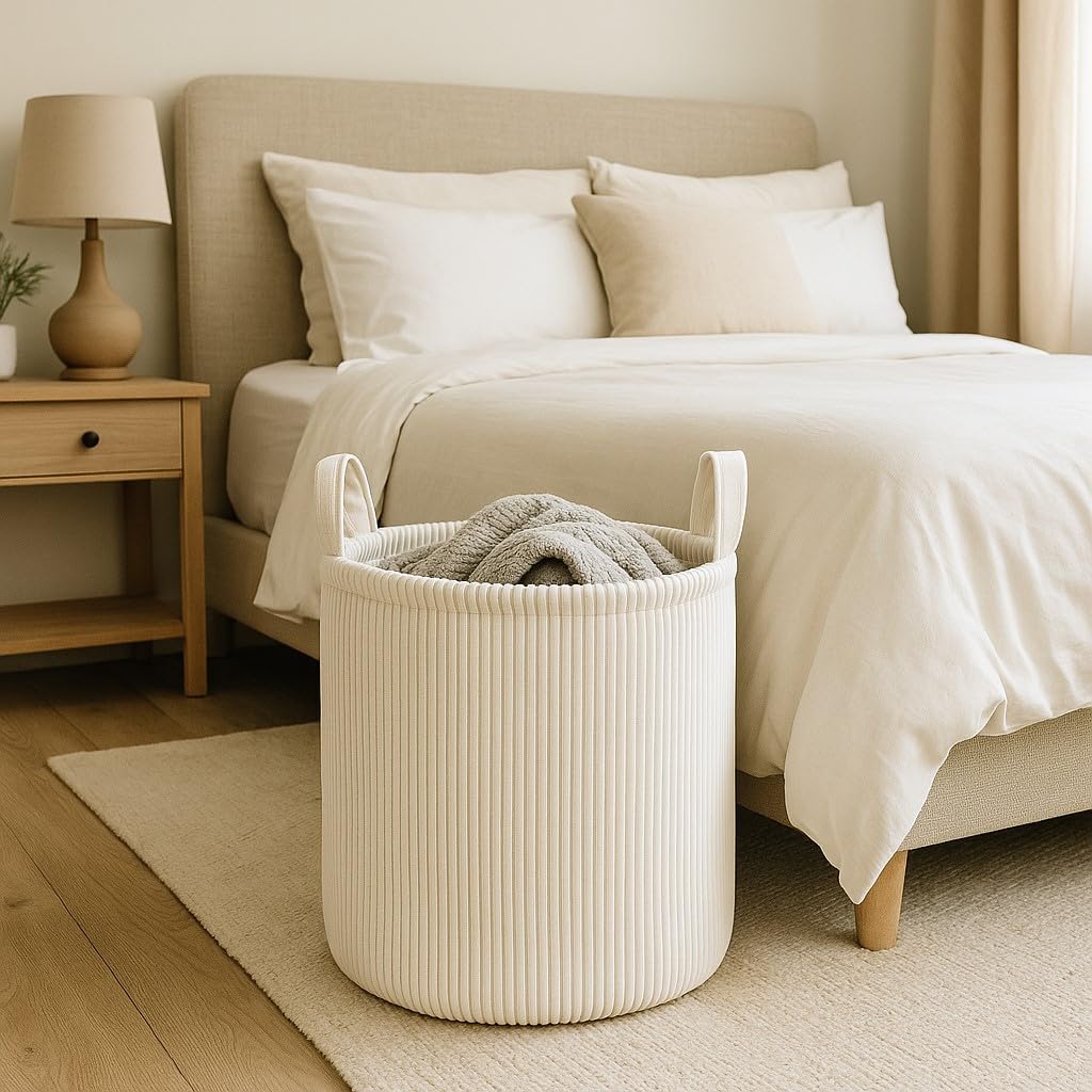 PUTSKA Blanket Basket – Round Storage for Toys and Blankets, Clothes, Stuffed Animals – Soft Baby Girl Basket for Nursery, Kids Room, Bedroom, Living Room – Large, Cream