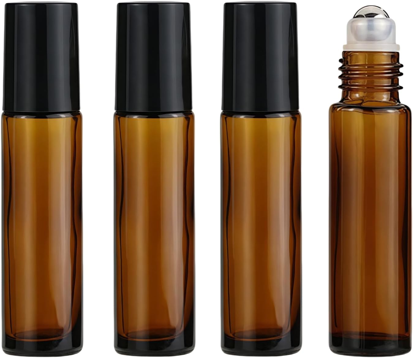4 Pack 10ml Oil Essential Stainless Roller Bottles, Refillable Amber Glass Roller Bottles for Travel, Perfume and Lip Gloss with Steel Roller Balls and Caps