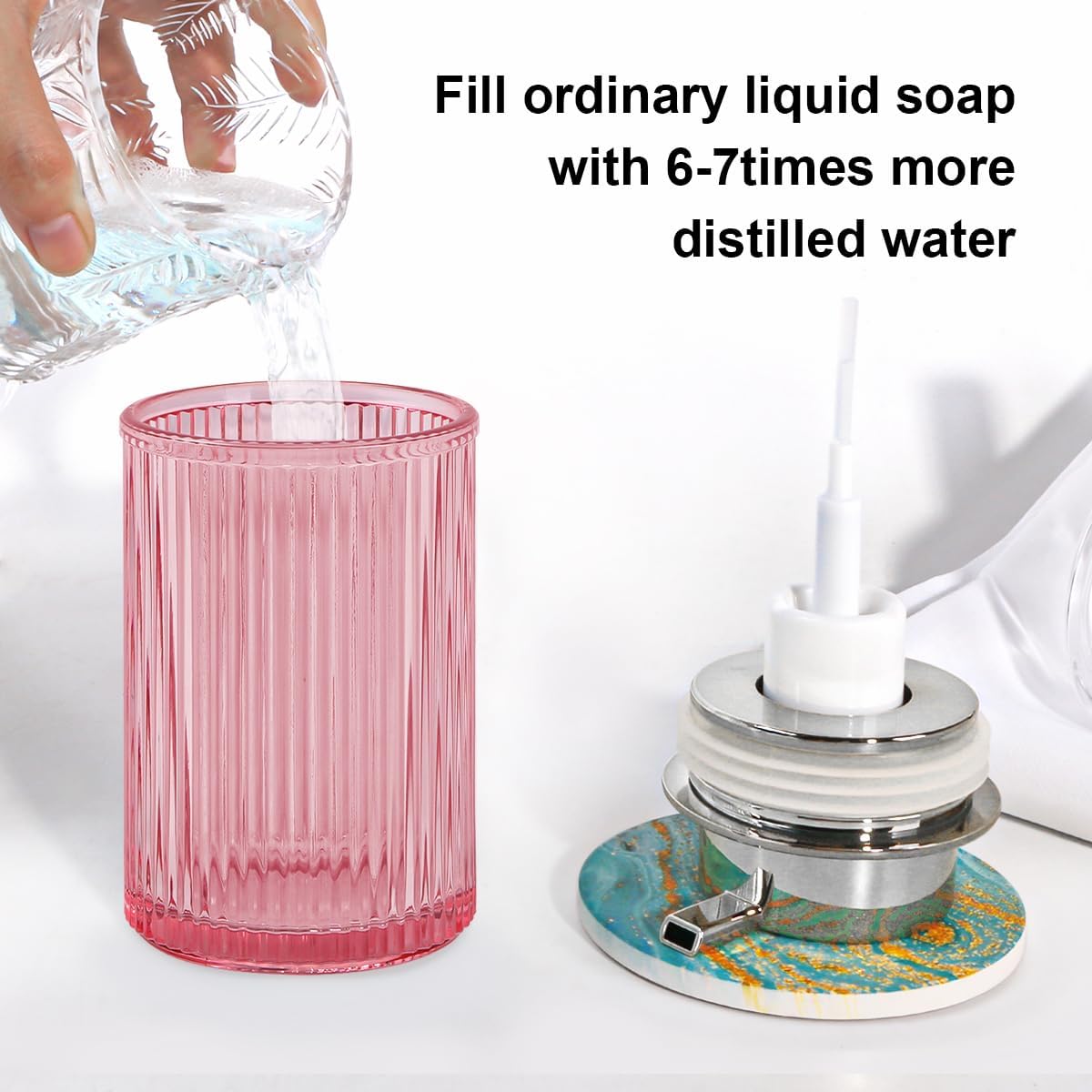Pink Foaming Soap Dispenser, 12 Oz Glass Foaming Hand Soap Dispenser with Silver Pump, Bathroom Refillable Liquid Lotion Container Pump Ribbed Bottle for Kitchen Bathroom Decor, 1pc