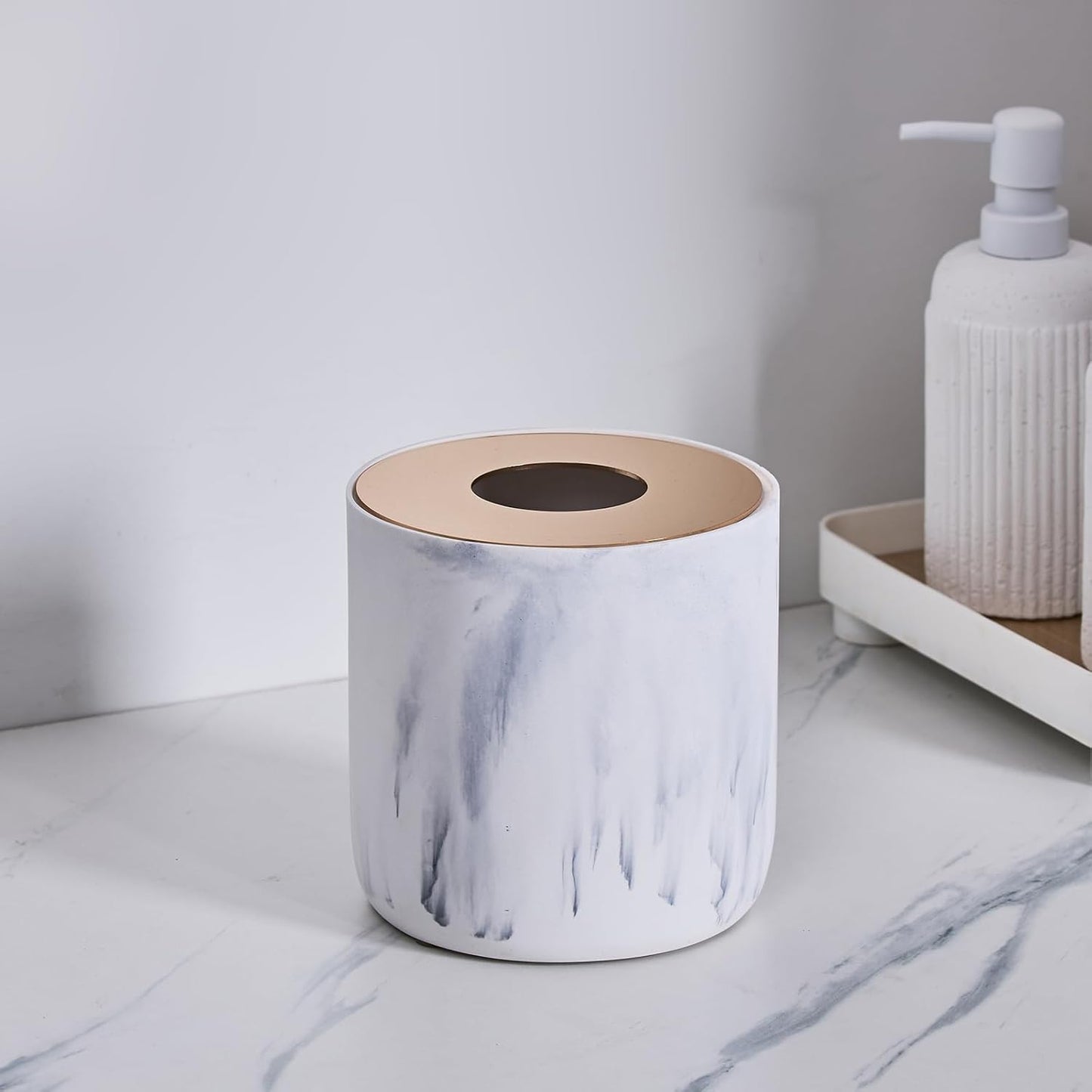White Marble Textural Mini Trash Can with Rose Gold Stainless Steel Lid, Small Countertop Trash Can for Bathroom Kitchen,Desk Trash Can,Table top Mini Garbage Cans,Resin Tiny Waste Basket for Vanity