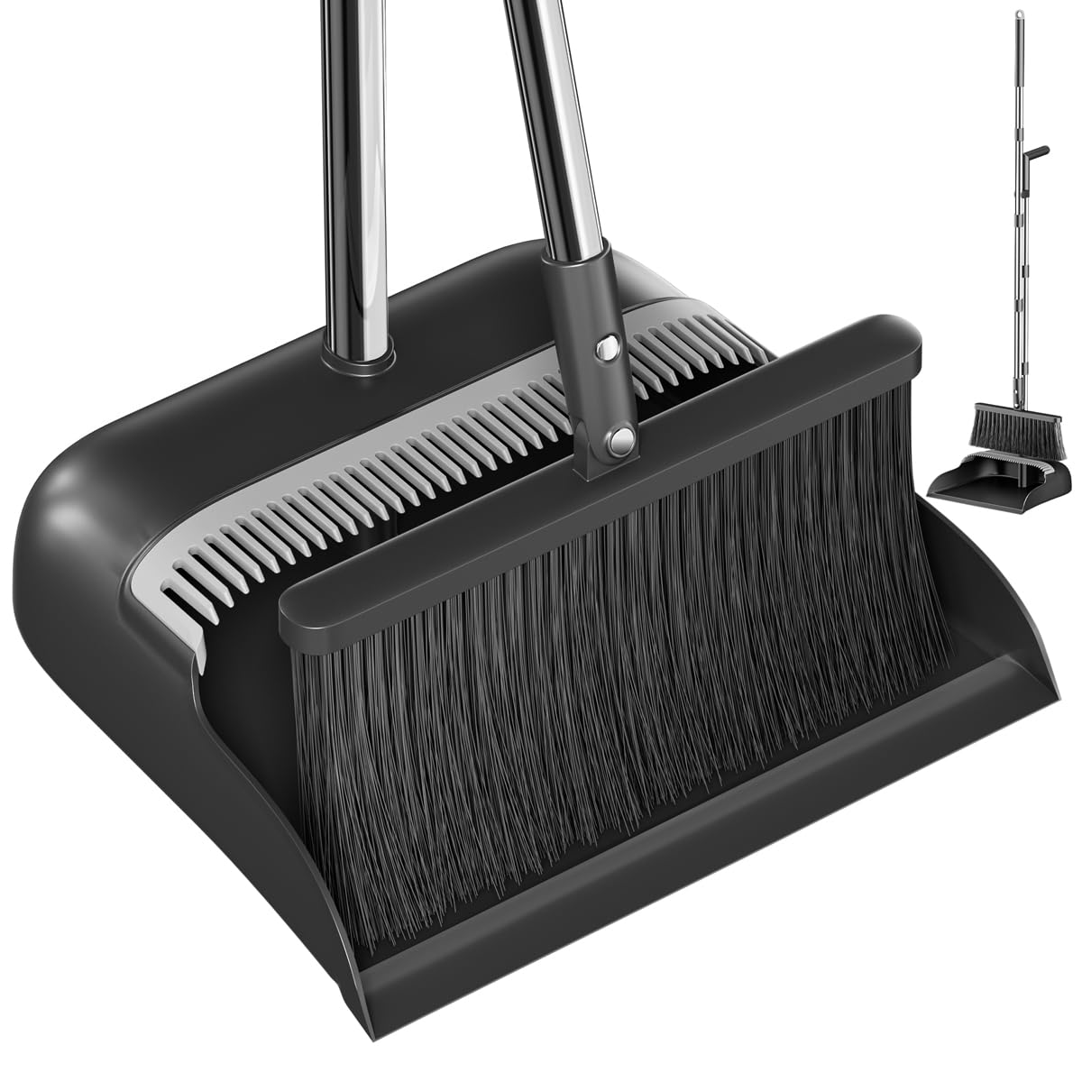 POPMOP Broom and Dustpan Set, 52" Long Handle with Dust Pan Teeth, Black