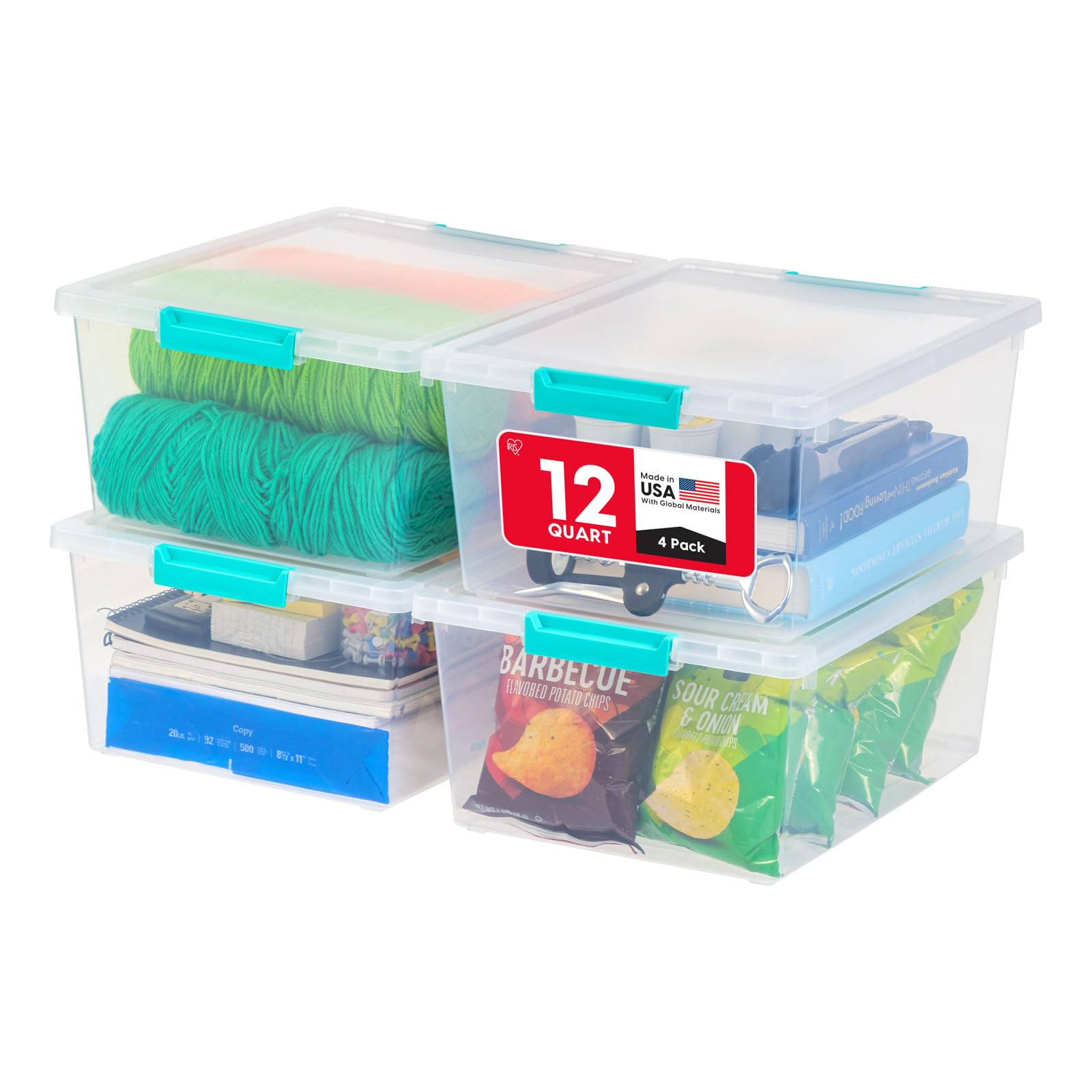IRIS USA Storage Bins with Lids |Made in USA| 12 Qt - (4-Pack) - Clear
