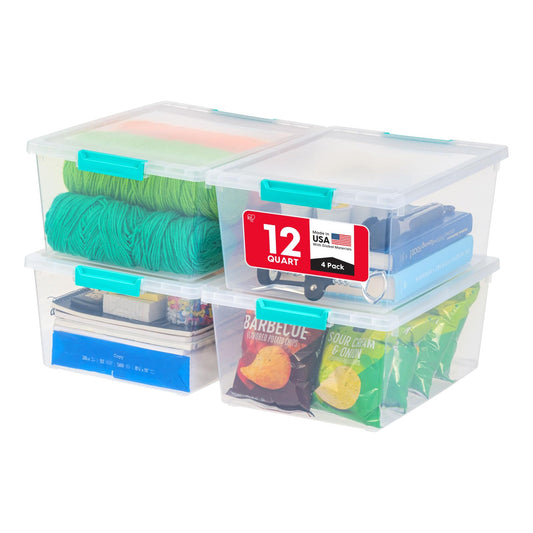 IRIS USA Storage Bins with Lids |Made in USA| 12 Qt - (4-Pack) - Clear