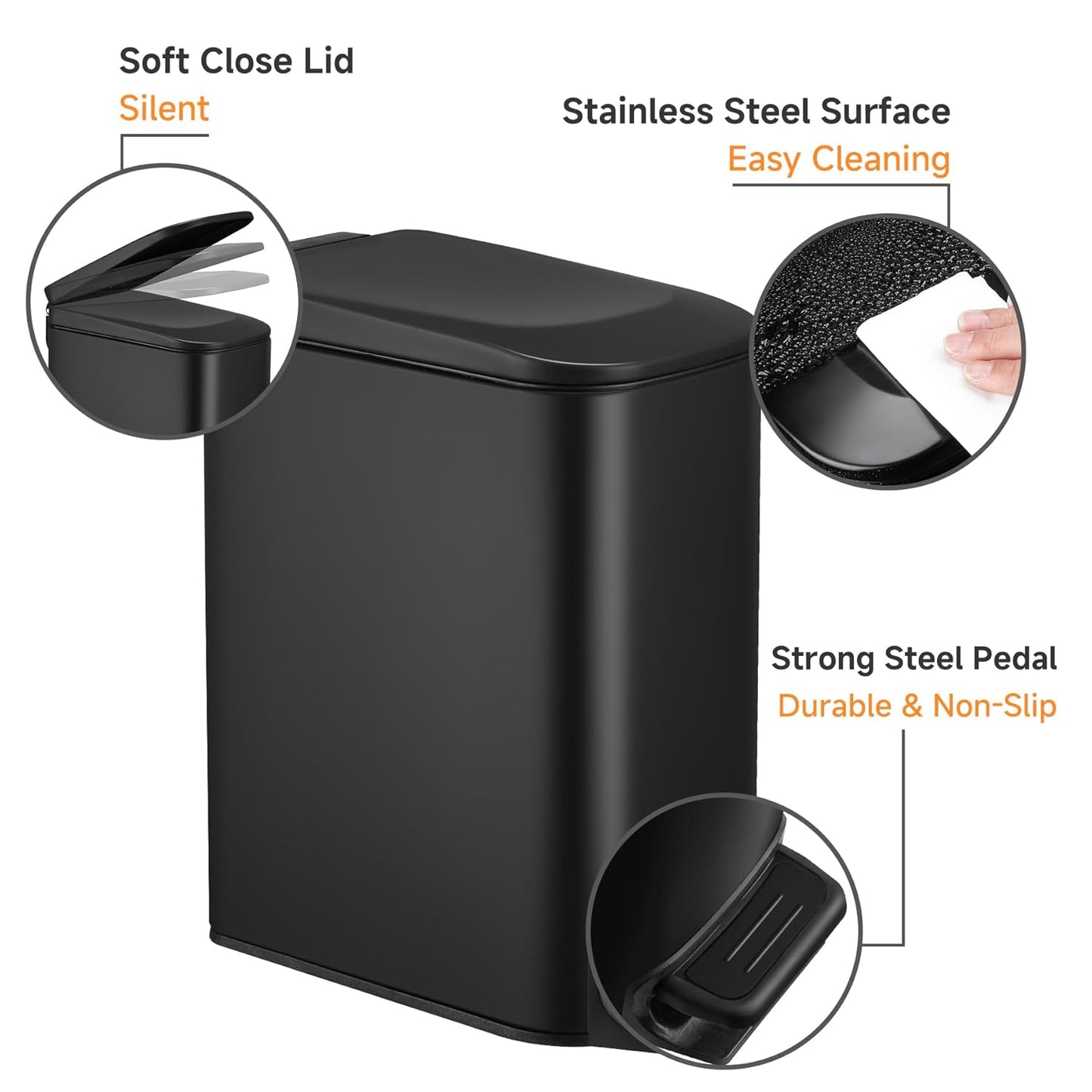 TIPGO Slim Bathroom Trash Can with Lid Soft Close, Step Pedal, 6 Liter / 1.6 Gallon Stainless Steel Trash Bin, Small Garbage Cans for Bedroom, Office, Kitchen (Matte Black)