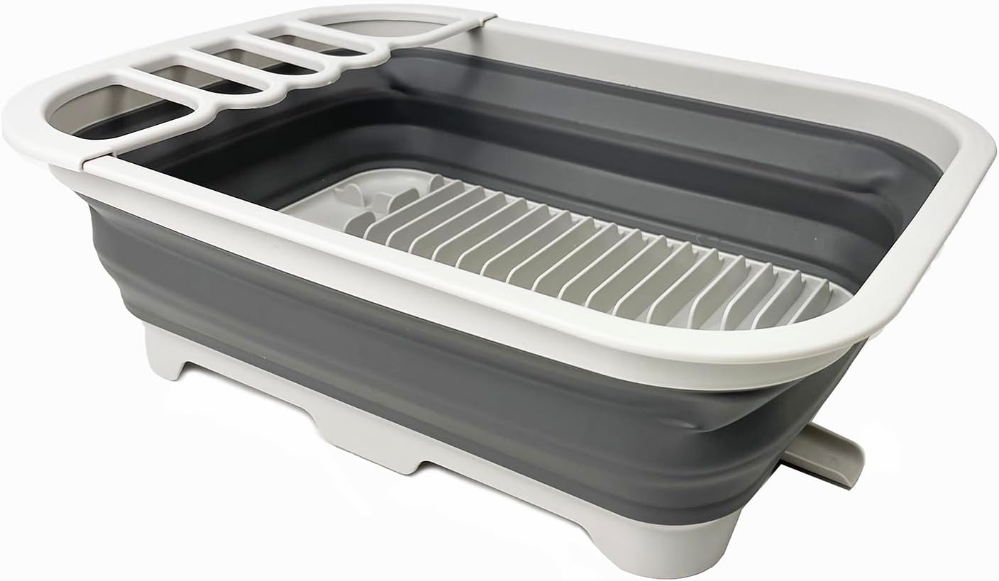 SAMMART 12L (3.17 Gallon) Collapsible Dish Drainer with Swivel spout - Foldable Drying Rack Set - Portable Dinnerware Organizer - Space Saving Kitchen Storage Tray (Grey/Steel Grey)
