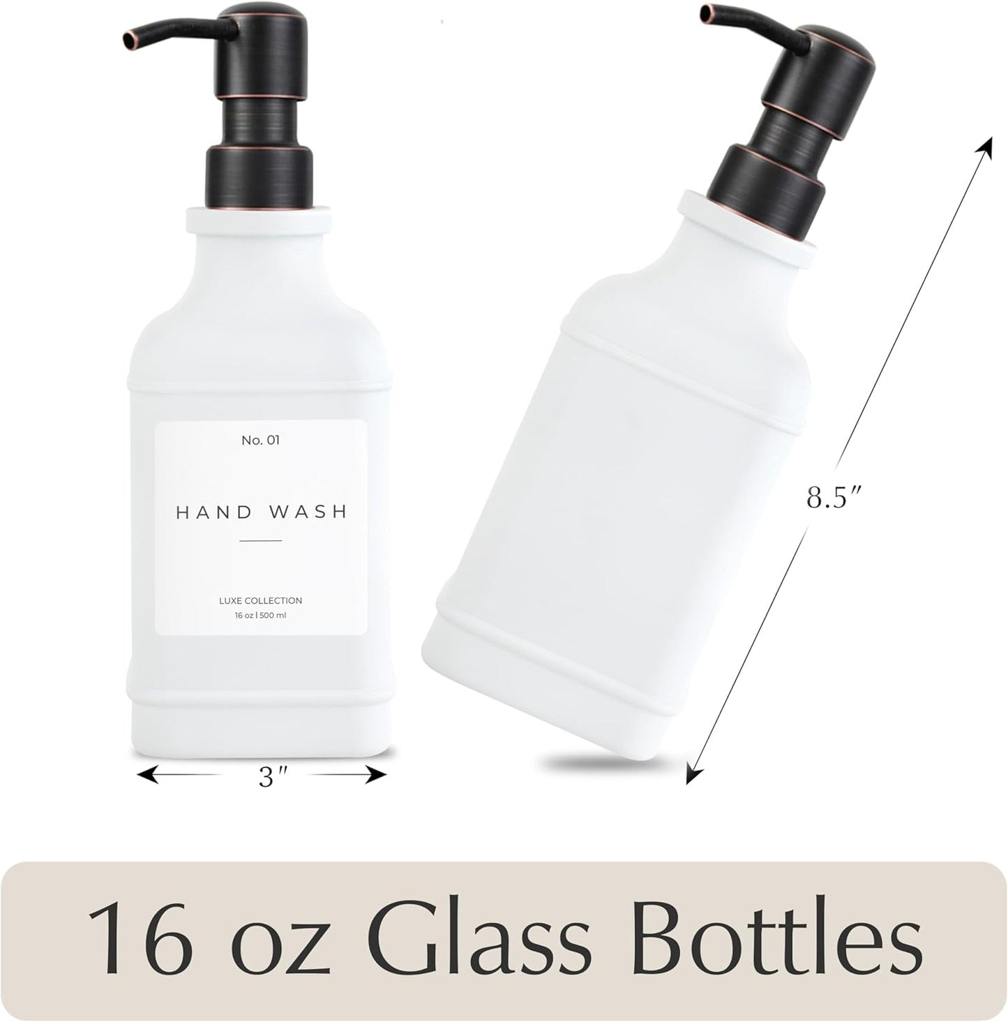 Emerson Essentials Soap Dispenser, Dish Soap Dispenser, Farmhouse Bottles, Hand Soap Dispenser, Kitchen Soap Dispenser Set - Glass Soap Dispenser with Pump and Labels, 16 Oz, 2 Pack