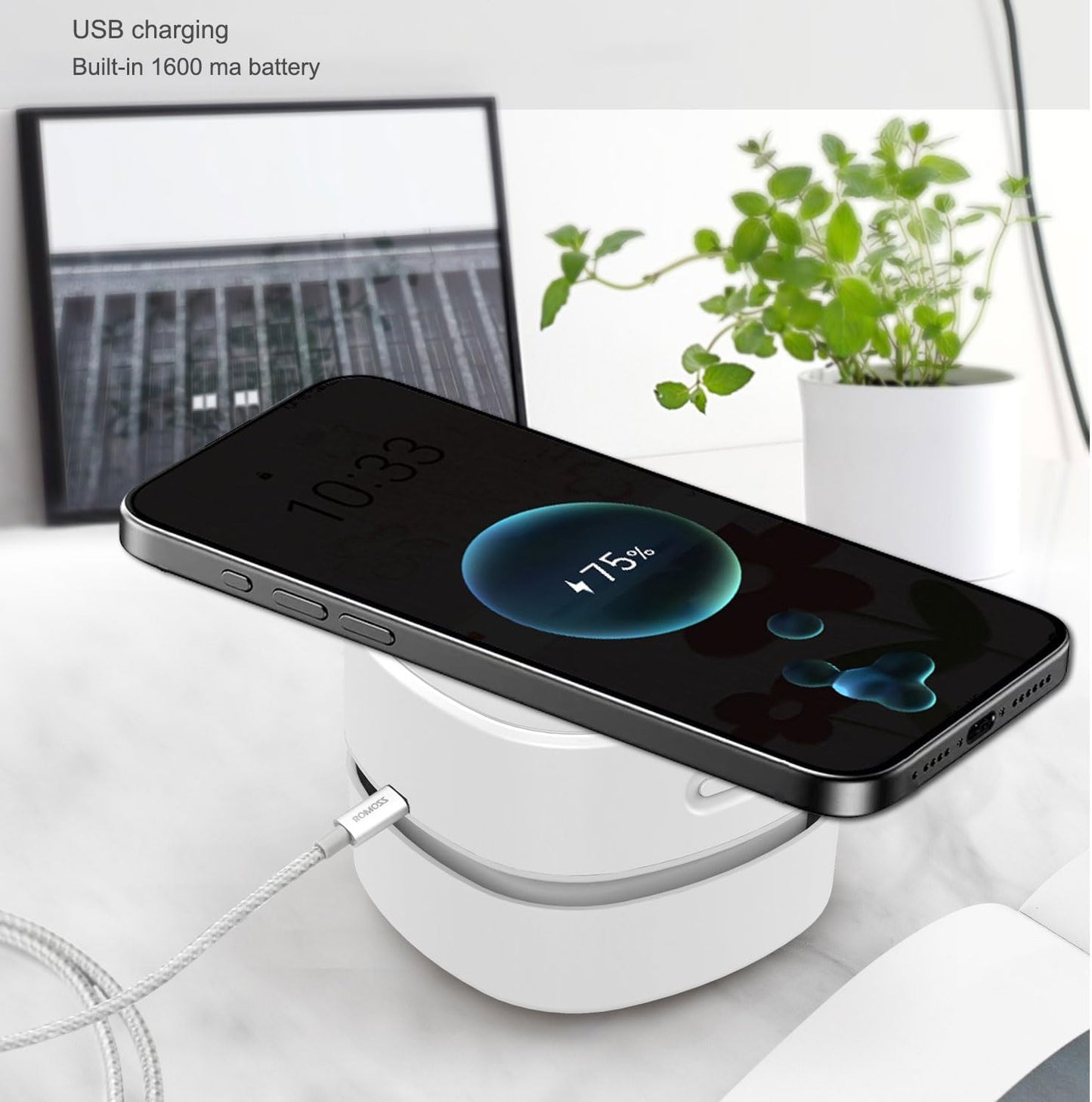 ODISTAR Desk Vacuum Cleaner with Wireless Charger, Mini Table dust Sweeper Energy Saving,Endurance up to 400 mins, Cordless&360º Rotatable for Keyboard/Home/School/Office (White Wireless Charger)