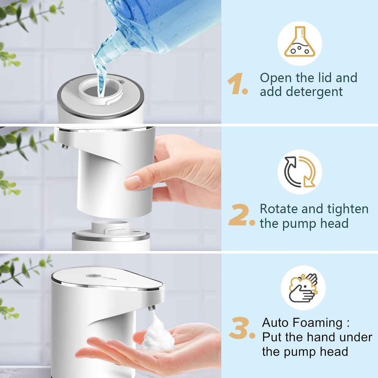 Automatic Foaming Soap Dispenser, Type C Rechargeable Hand Free Pump Soap Dispenser Electric Dispenser for Bathroom Countertop, Kitchen 350mL