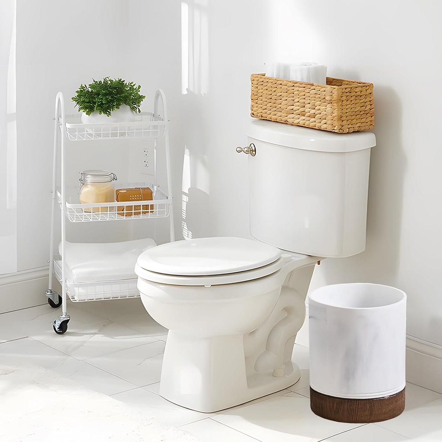 Polytree White Marble and Brown Wood Round Wastebasket, Resin Small Round Bathroom Trash Can 2.5 Gal(9 Liter) Small Kitchen Garbage Can,Living Room Bedroom Trash Can, Decor Wastebasket for Home Office