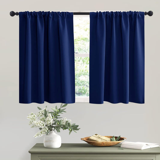 RYB HOME Kitchen Curtains 36 inch Long for Small Window Curtains Short Drapes for Bedroom, Half Window Tiers for Kids Room Bathroom Nursery, W 42 x L 36 in per Panel, Marine Blue, 2 Pcs