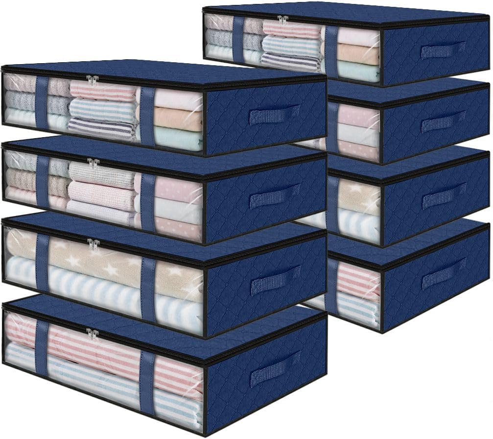 StorageRight Under Bed Storage Bins, 8-Pack 40L Foldable Fabric Storage Bags with Transparent Window, Breathable Organizer for Clothes/Blanket/Comforter/Quilt, Blue