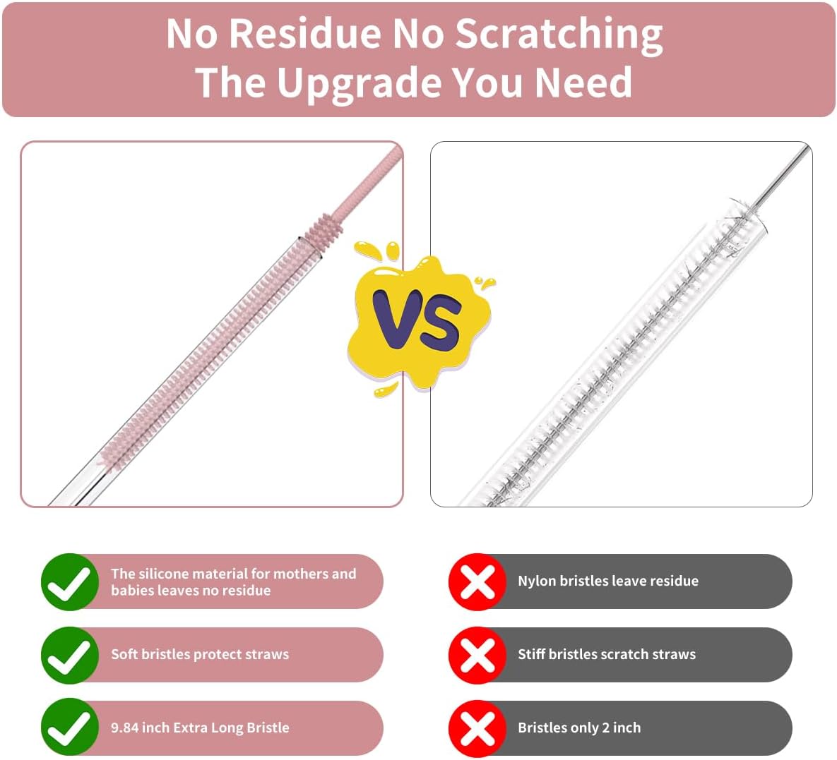 4PCS Silicone Straw Cleaner Brush, Reusable Straw Brush Extra Long for Cleaning Glass Metal Smoothie Straws and Cups, Non-Slip Handle Soft and Bendable, 2 PCS 6mm+2 PCS 9mm, Pink