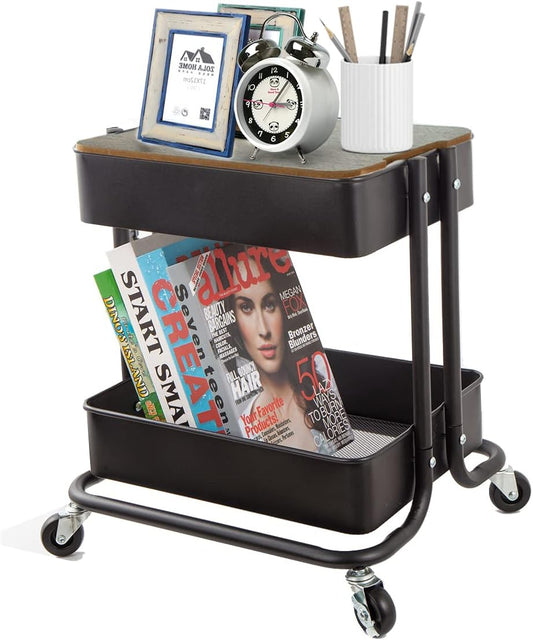 Melody House 2-Tier Metal Utility Rolling Cart Storage Organizer with Cover Board Mobile Trolley