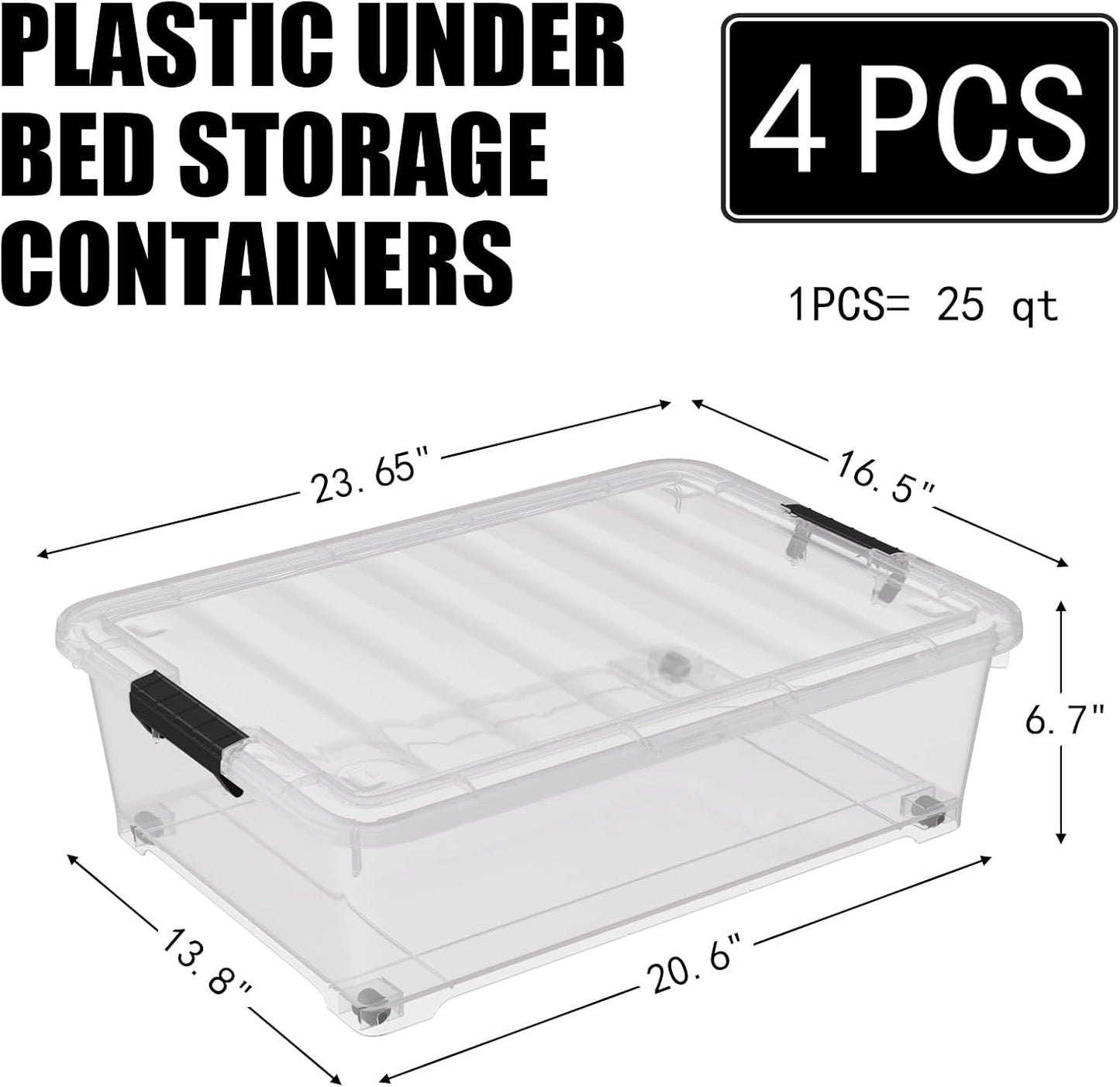 25 Quart Under Bed Clear Latch Bin with Wheel, Plastic Under Bed Storage Box, 4 Pack