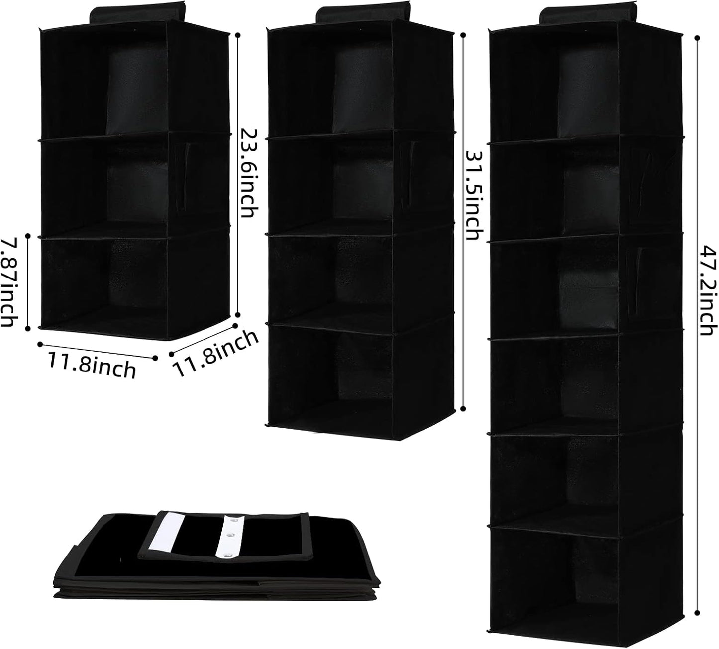 2 Packs Hanging Closet Organizer Stroage, 3-Shelf Hanging Shelves with Bamboo Inserts & Side Pocket, Black