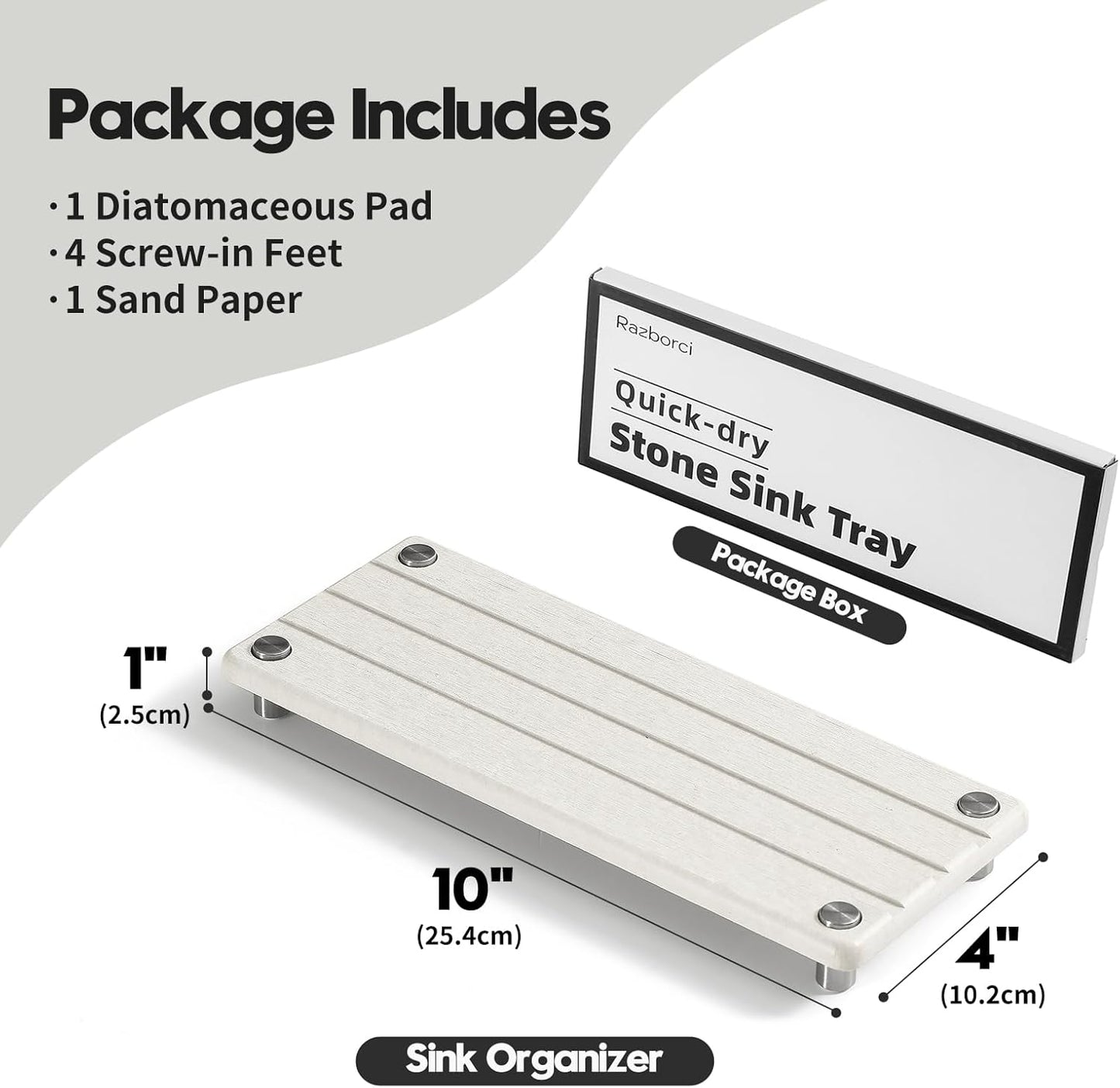 Quick Dry Bathroom Tray & Kitchen Sink Organizer, Water Absorbing Countertop Sponge Holder Soap Dish, Diatomaceous Earth Stone Vanity Dispenser Toothbrush Bottle, Gray Beige, 10" x 4"