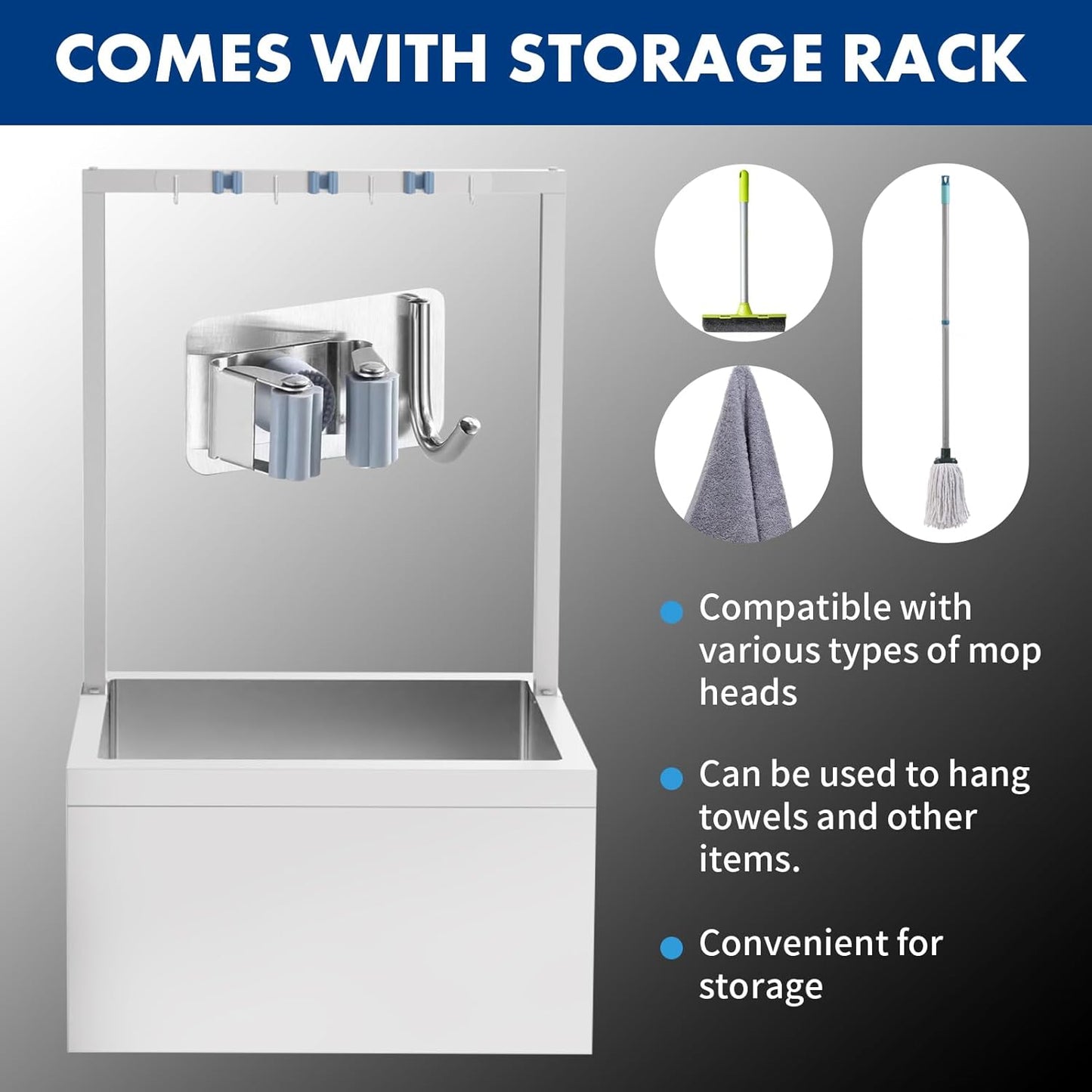 TONGMO Stainless Steel Floor Mop Sink, Mop sink with Cleaning Tool Rack | 19" x 22" x 12"